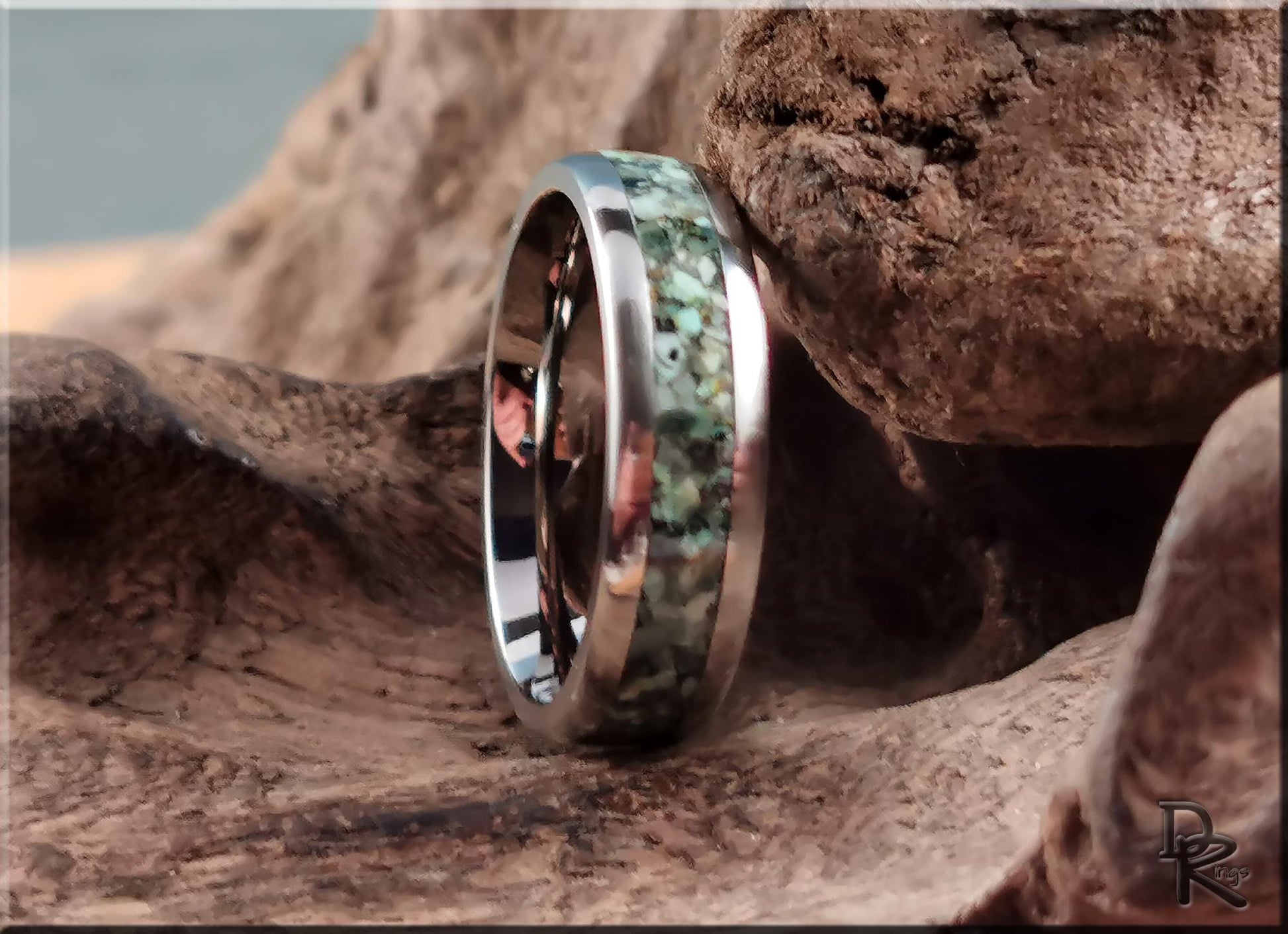 Domed Edge Tungsten Carbide Channel Ring w/African Turquoise inlay - metal ring