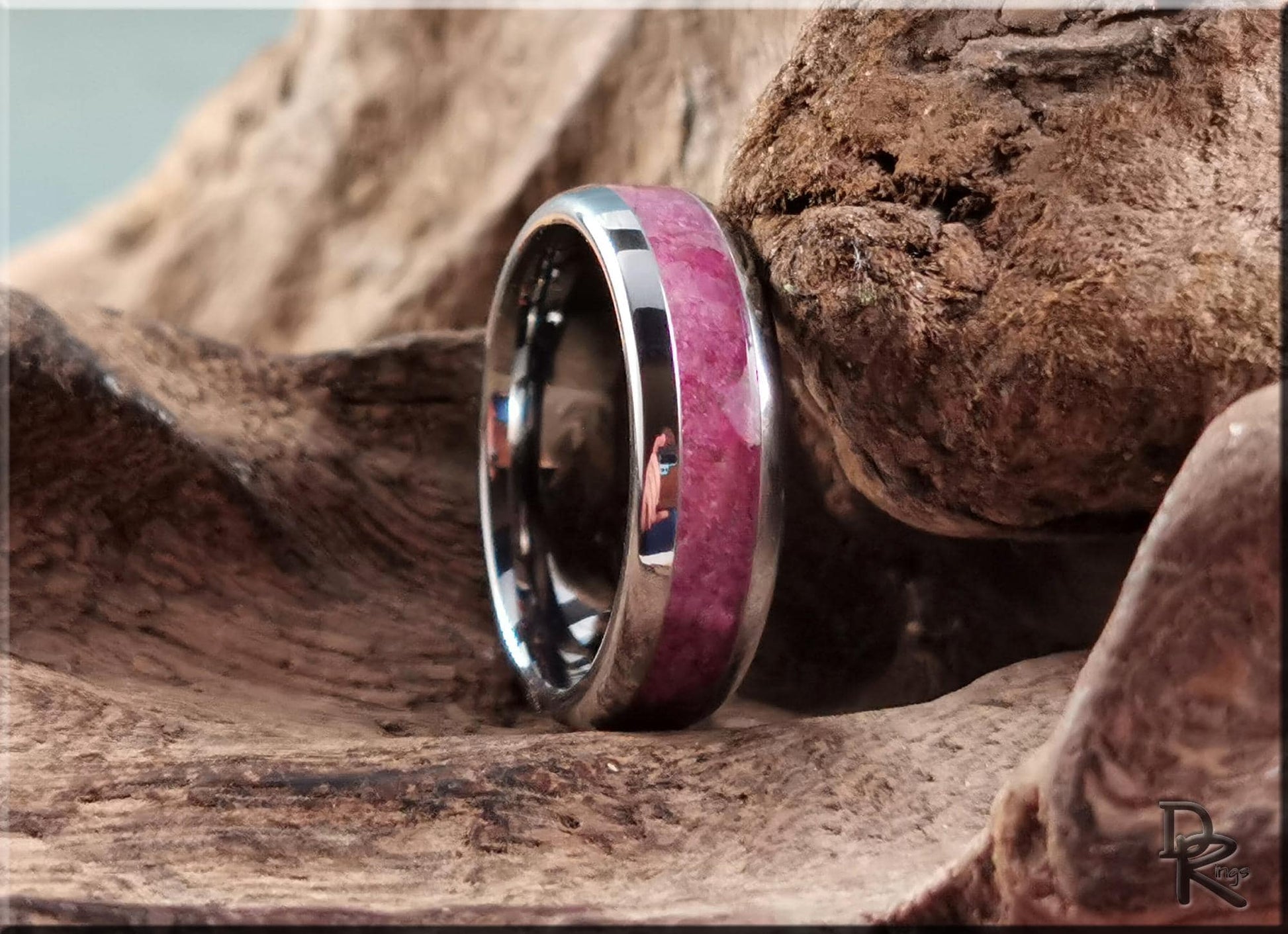 Domed Edge Tungsten Carbide Channel Ring w/Chilean Blue Opal inlay - metal ring