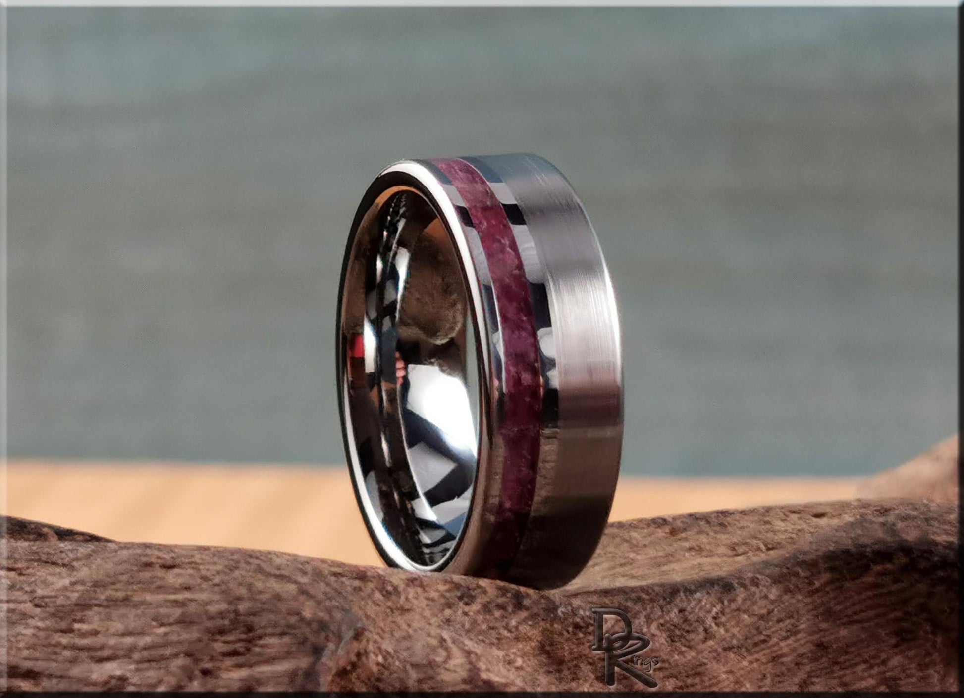 Tungsten Carbide Channel Ring w/offset Mozambique Ruby Stone inlay - metal ring