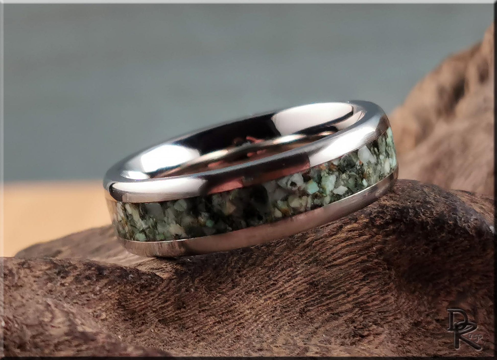 Domed Edge Tungsten Carbide Channel Ring w/African Turquoise inlay - metal ring