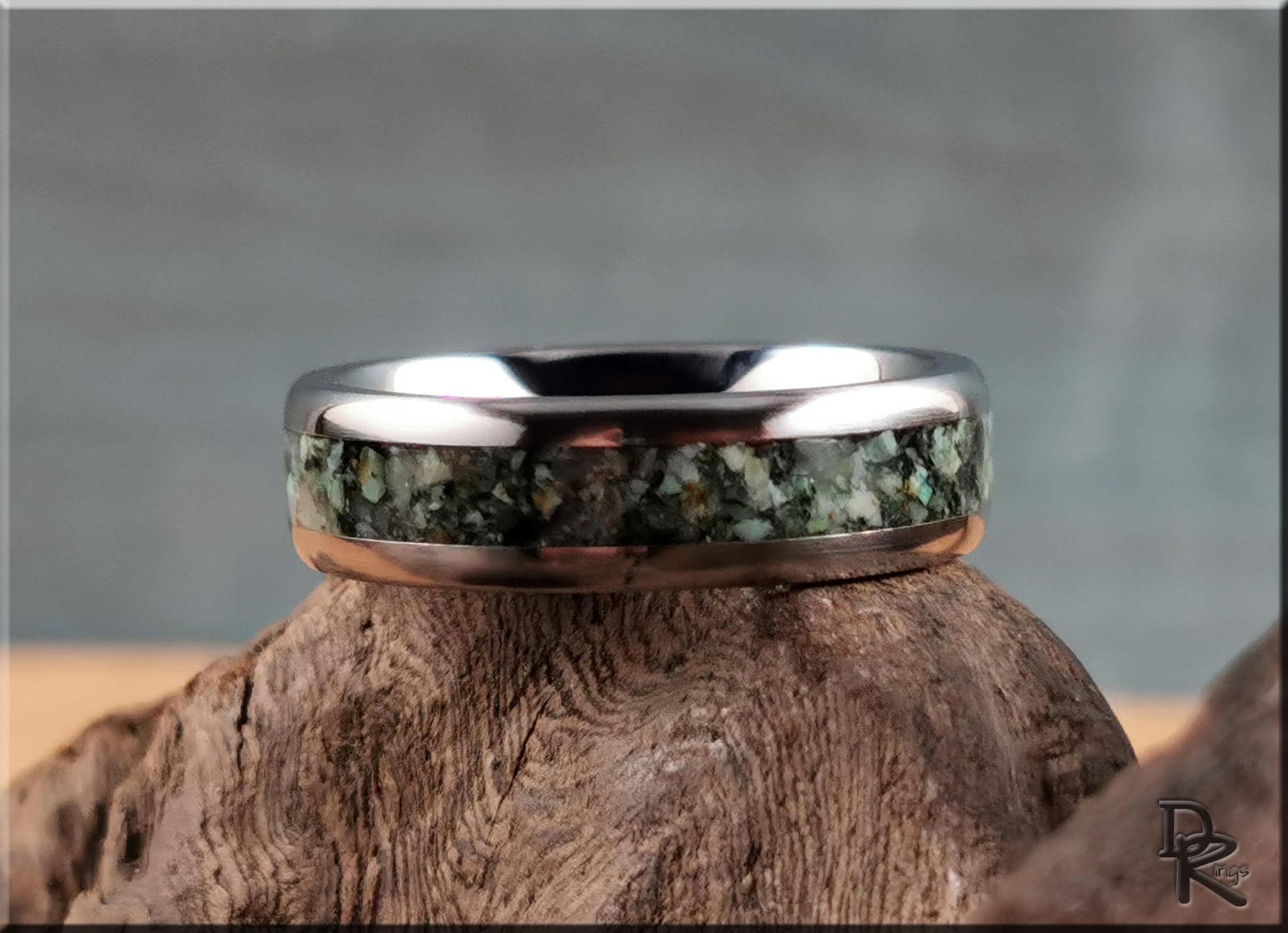 Domed Edge Tungsten Carbide Channel Ring w/African Turquoise inlay - metal ring