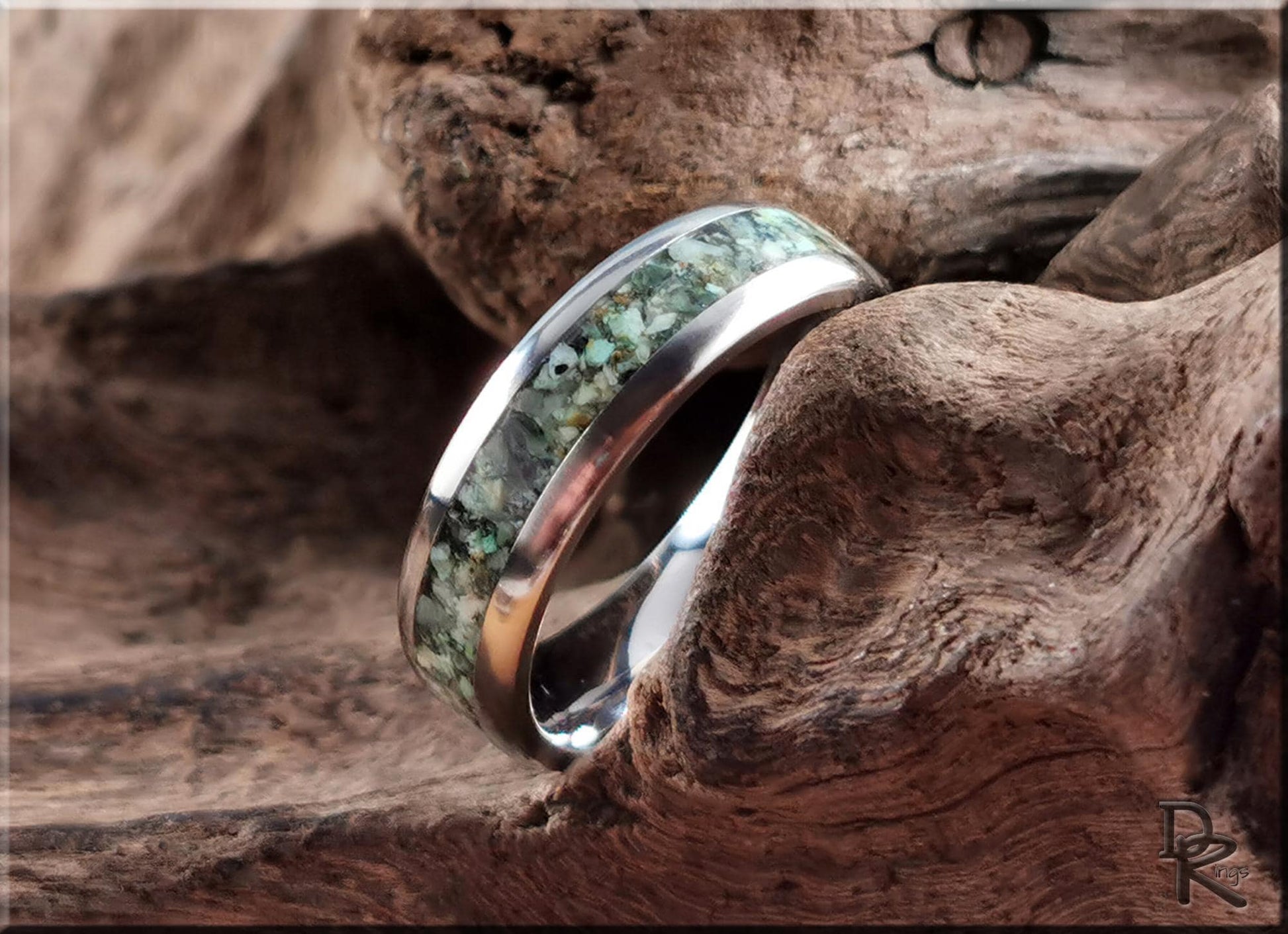 Domed Edge Tungsten Carbide Channel Ring w/African Turquoise inlay - metal ring