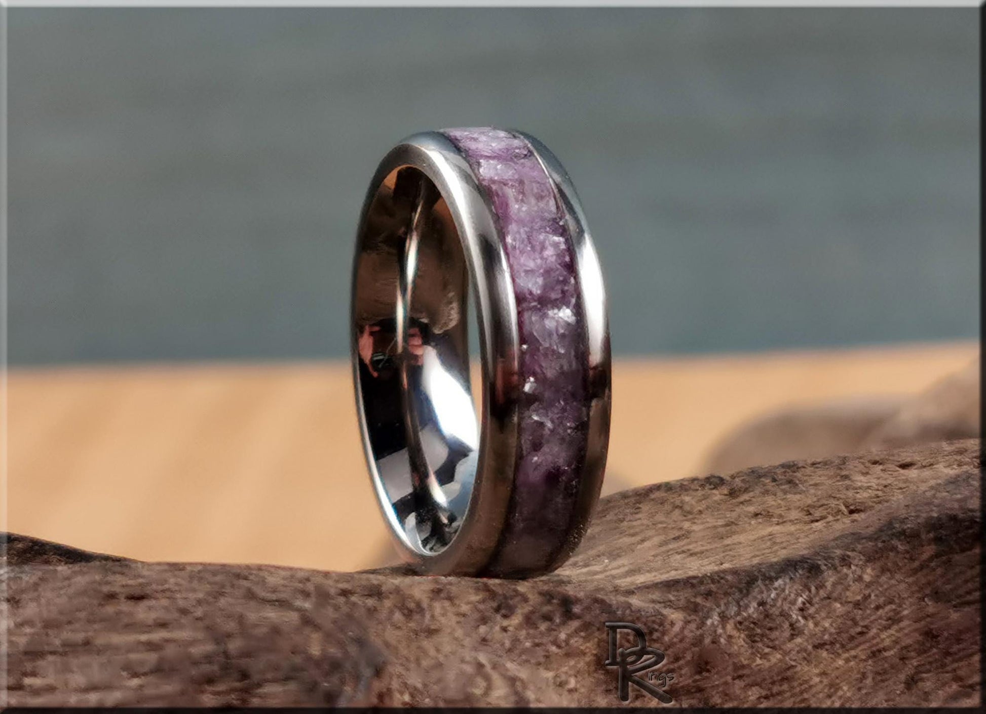 Titanium Channel Ring w/Purple Mica stone inlay - metal ring