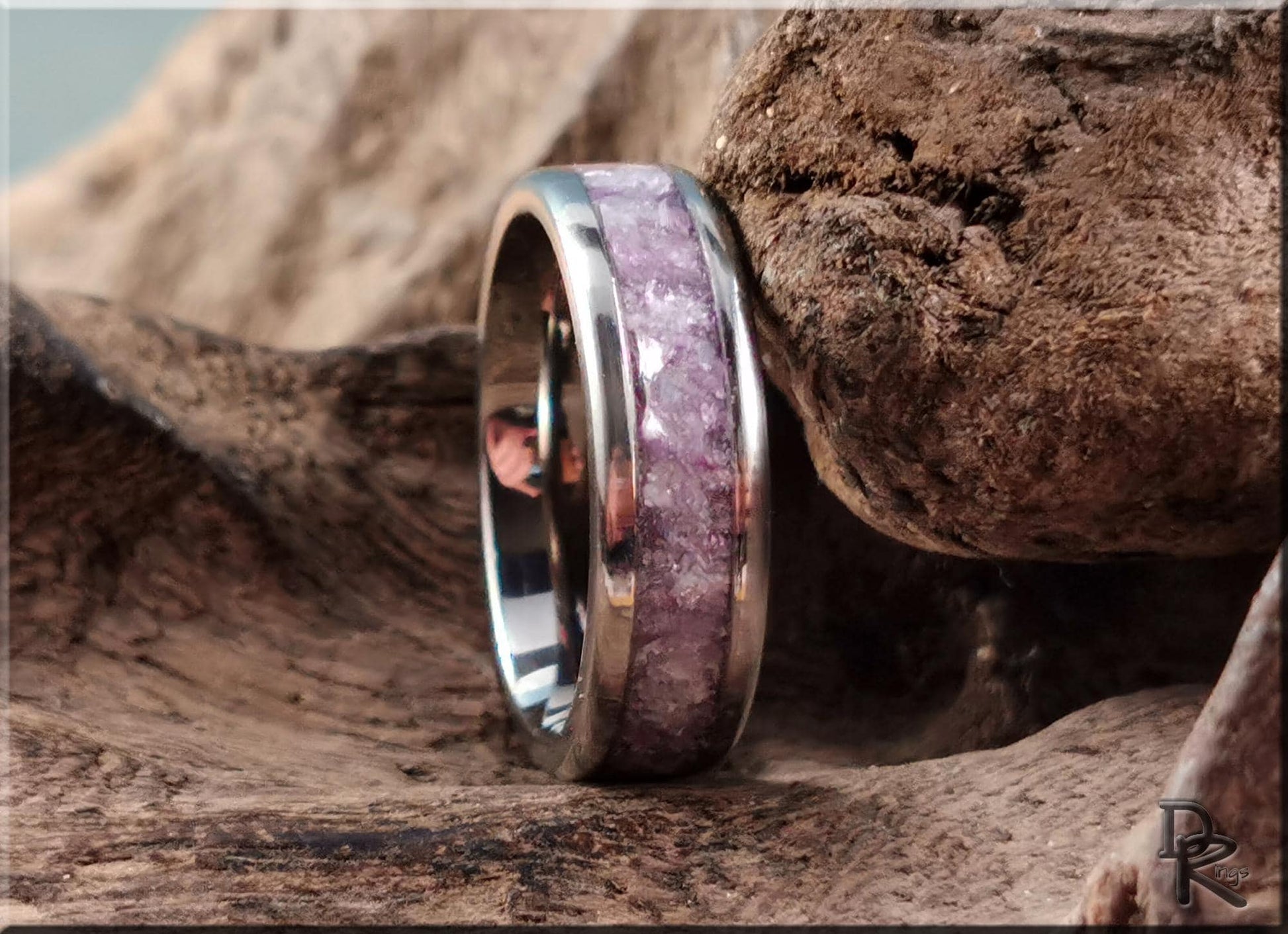 Titanium Channel Ring w/Purple Mica stone inlay - metal ring