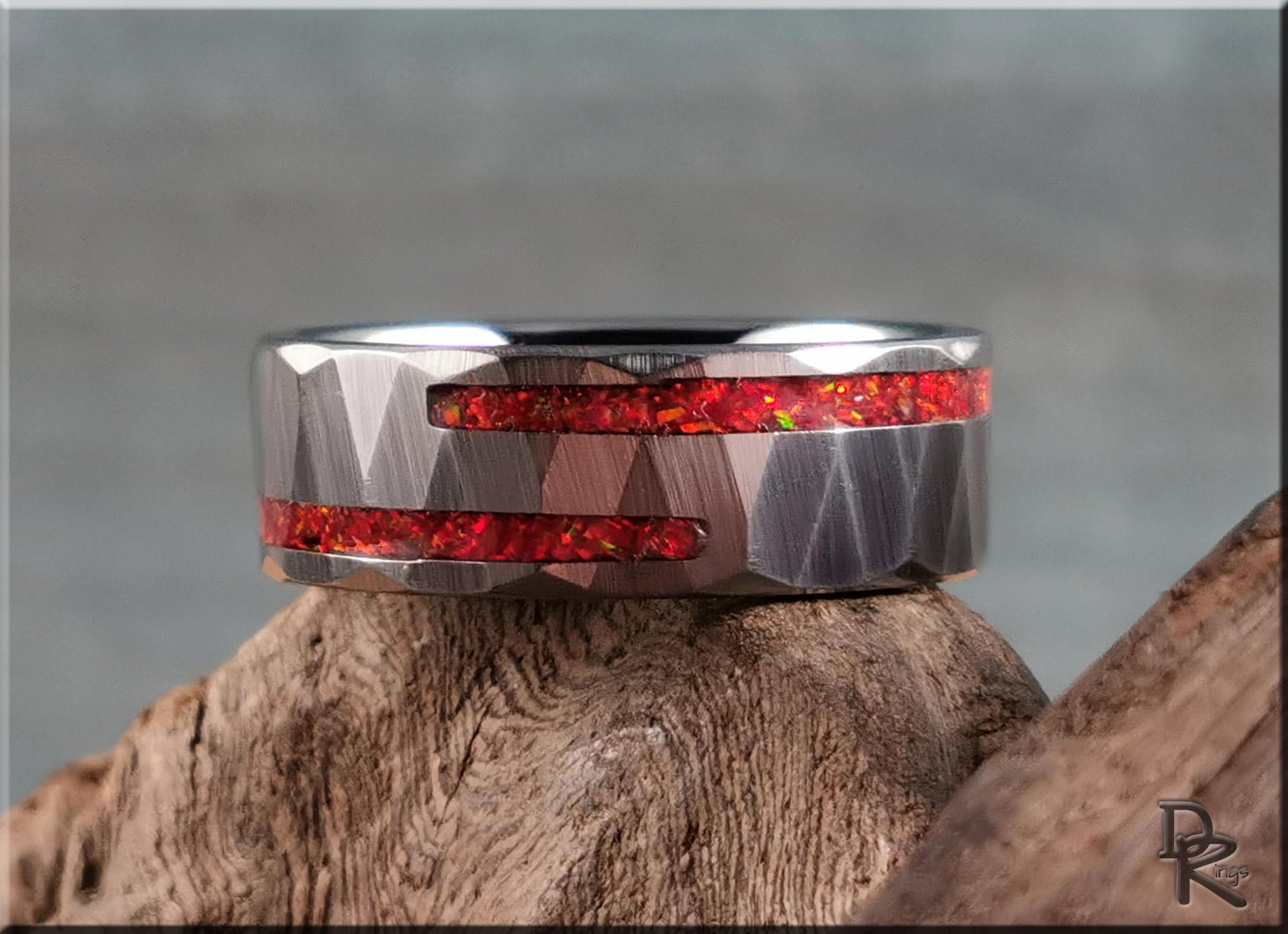 Hammered Tungsten Carbide Channel Ring w/Offset Split Opal inlays - metal ring