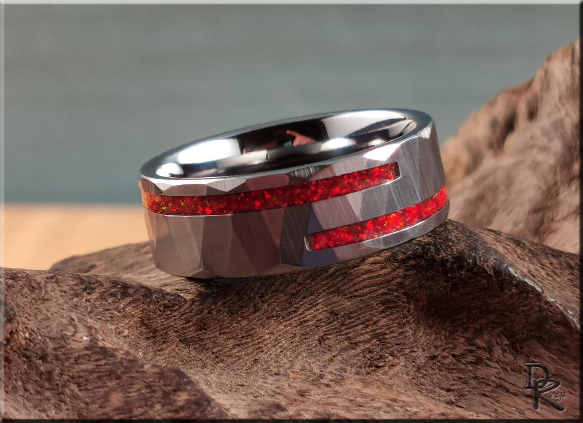 Hammered Tungsten Carbide Channel Ring w/Offset Split Opal inlays - metal ring