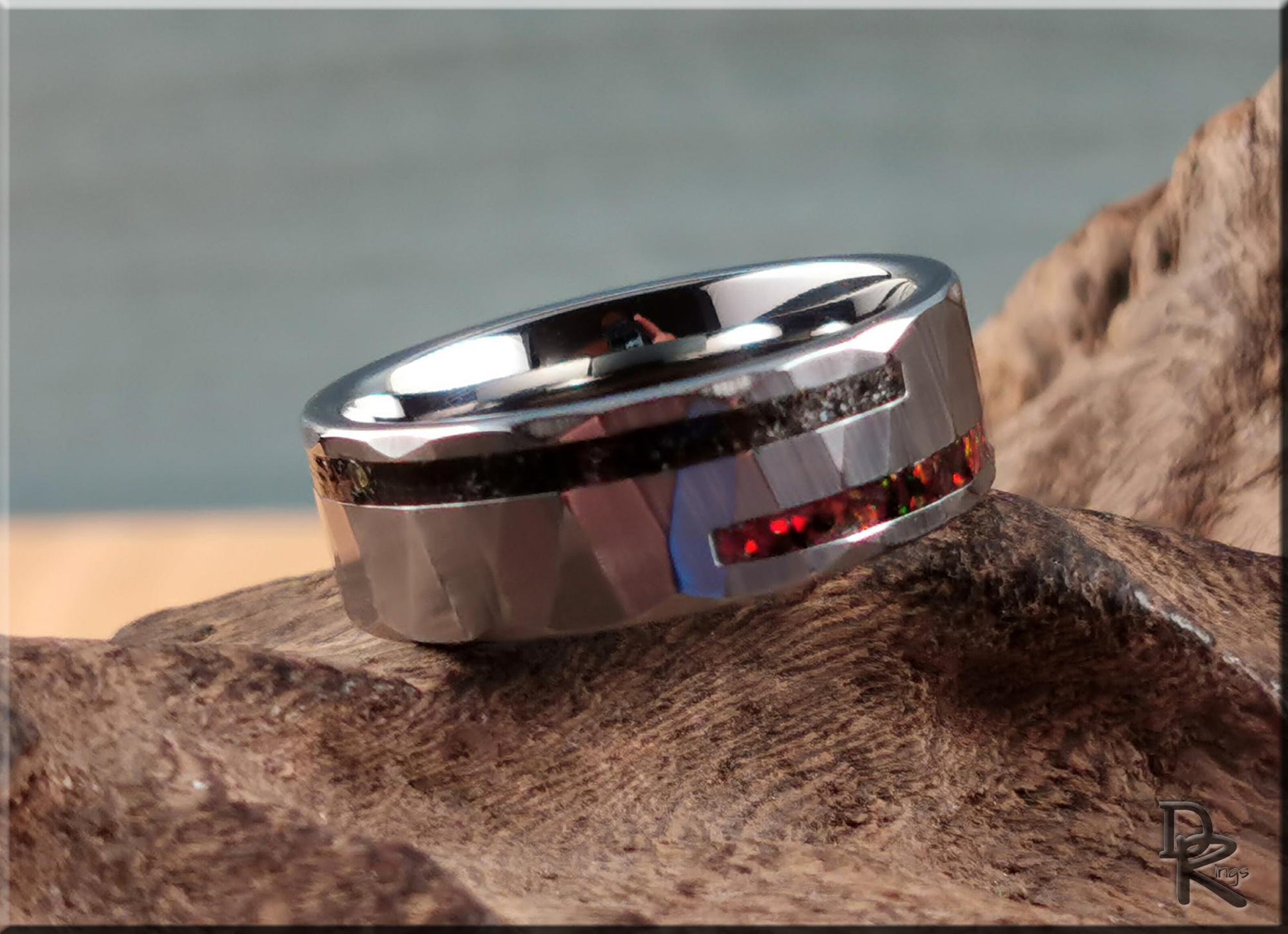 Hammered Tungsten Carbide Channel Ring w/Offset Split Exotic Sand and Opal inlays - metal ring