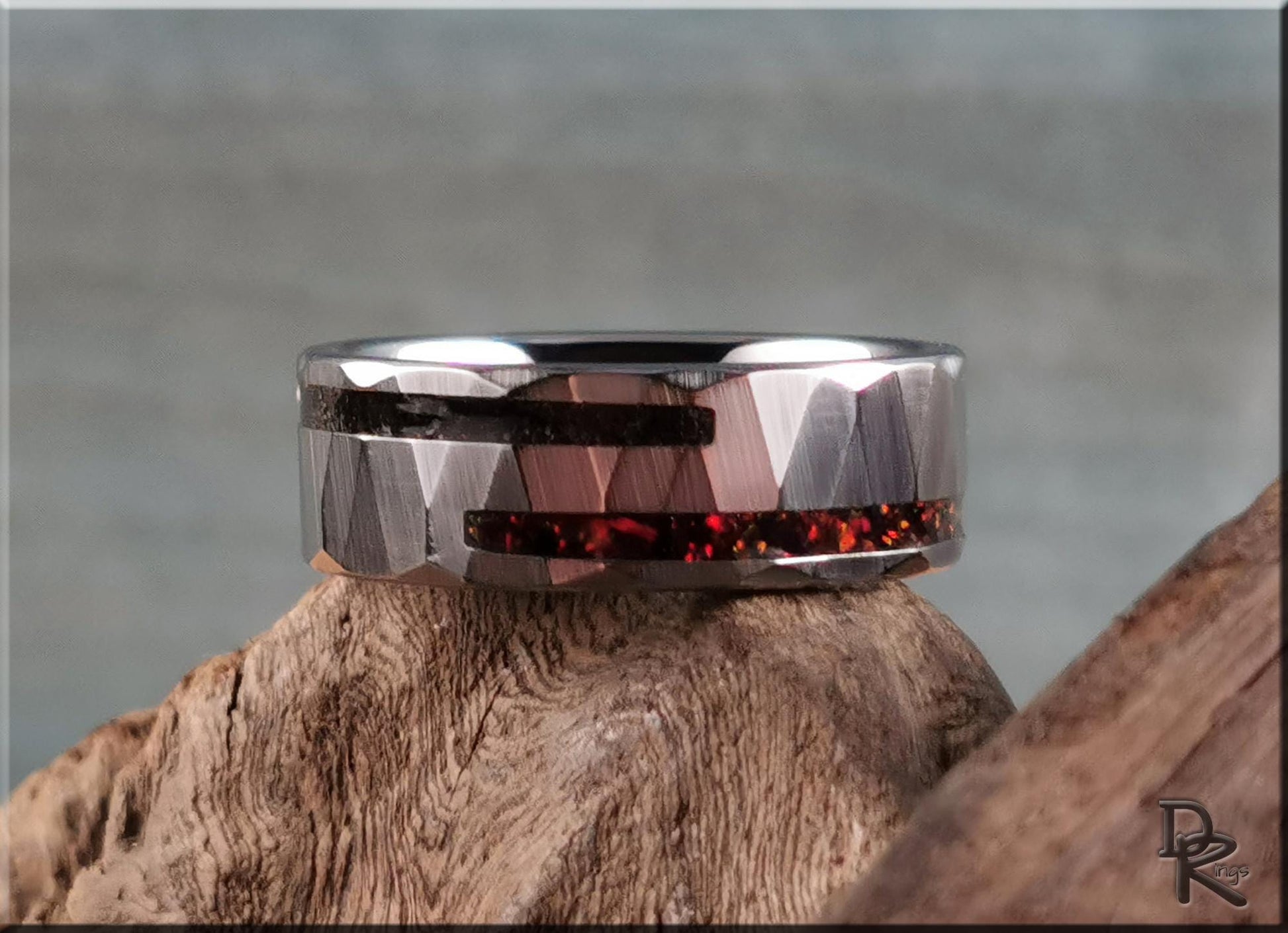 Hammered Tungsten Carbide Channel Ring w/Offset Split Exotic Sand and Opal inlays - metal ring