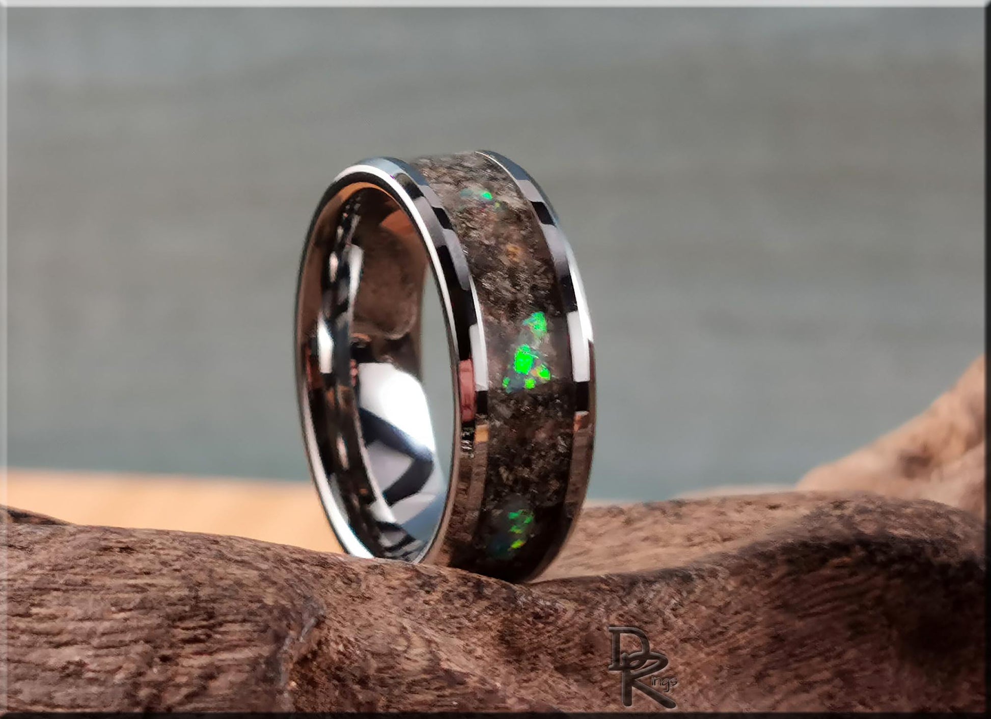 Tungsten Carbide Channel Ring w/Fulgerite and Opal inlay - metal ring