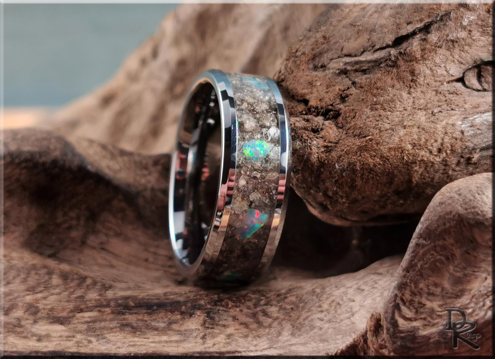 Tungsten Carbide Channel Ring w/Fulgerite and Opal inlay - metal ring