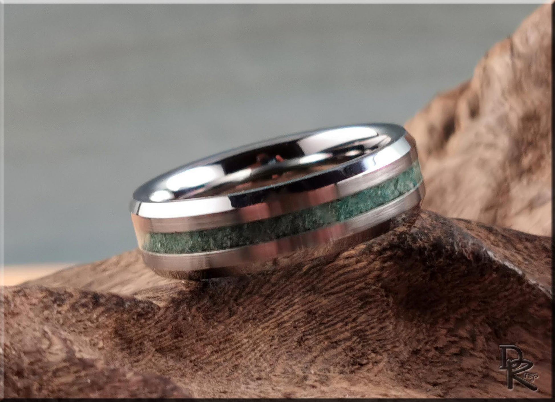 Thin Line Tungsten Carbide Channel Ring w/Amazonite stone inlay - metal ring
