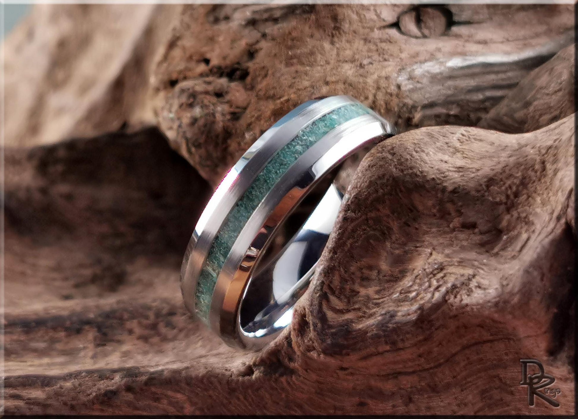 Thin Line Tungsten Carbide Channel Ring w/Amazonite stone inlay - metal ring