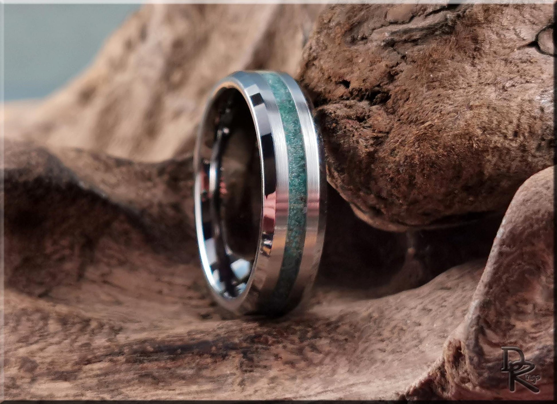 Thin Line Tungsten Carbide Channel Ring w/Amazonite stone inlay - metal ring