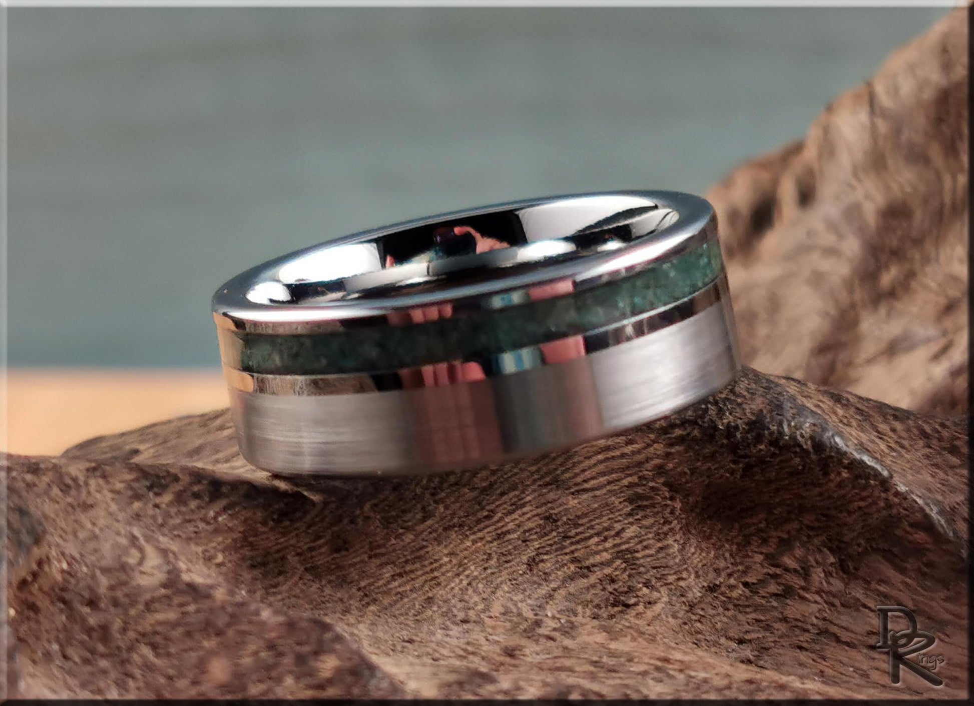 Tungsten Carbide Channel Ring w/offset Amazonite Stone inlay - metal ring