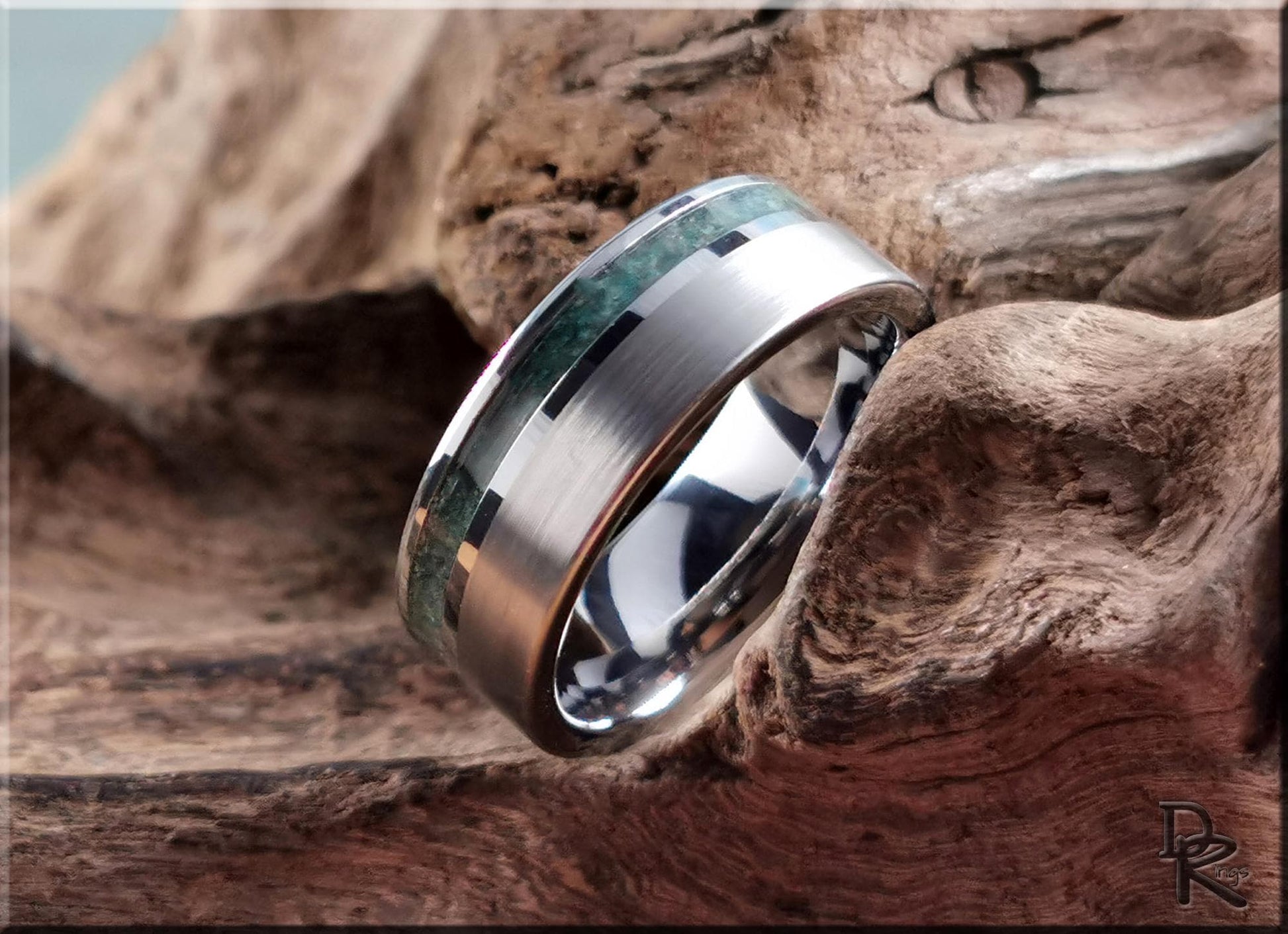 Tungsten Carbide Channel Ring w/offset Amazonite Stone inlay - metal ring