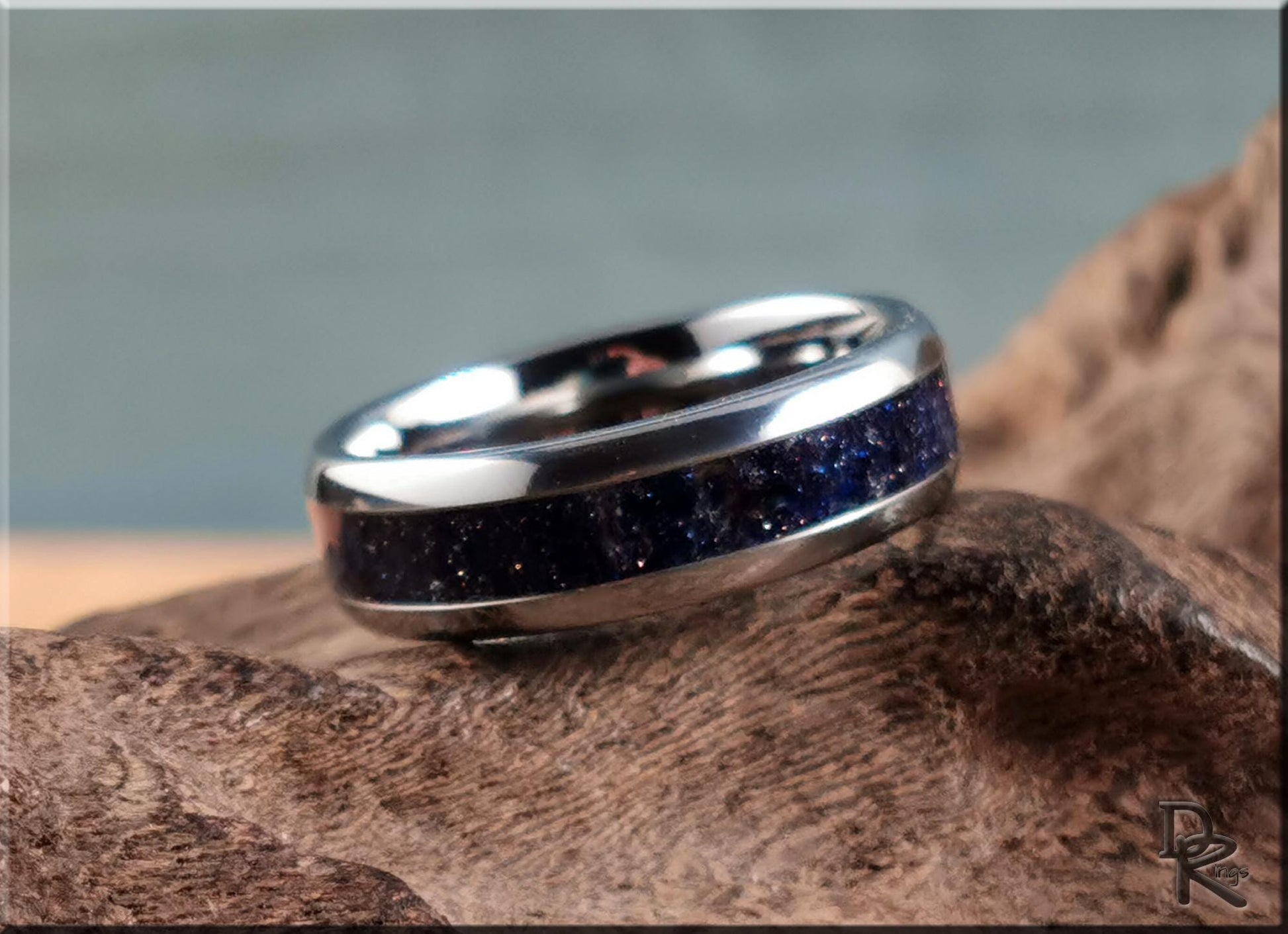 Domed Edge Tungsten Carbide Ring w/Blue Goldstone inlay - metal ring