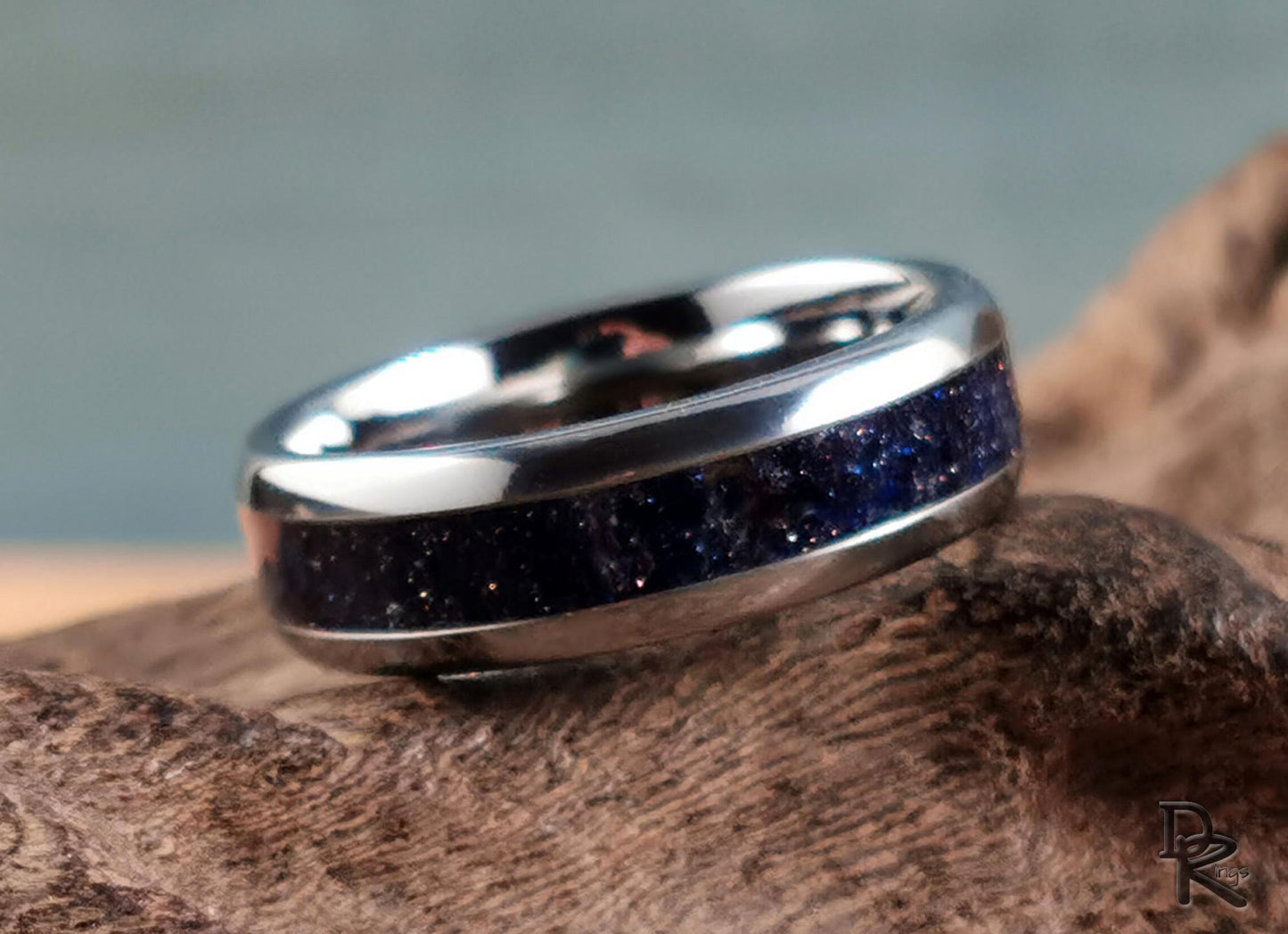 Domed Edge Tungsten Carbide Ring w/Blue Goldstone inlay - metal ring