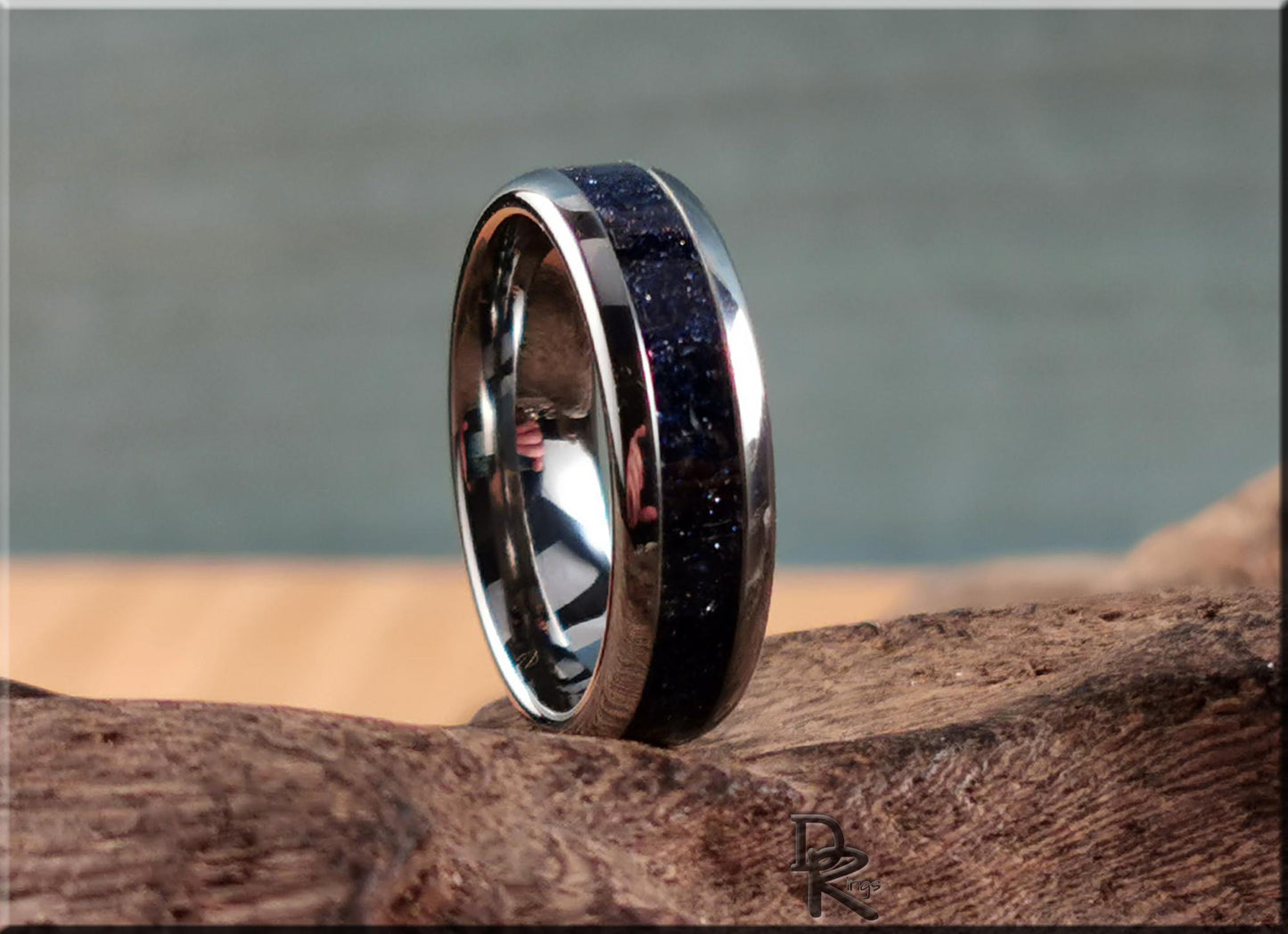 Domed Edge Tungsten Carbide Ring w/Blue Goldstone inlay - metal ring