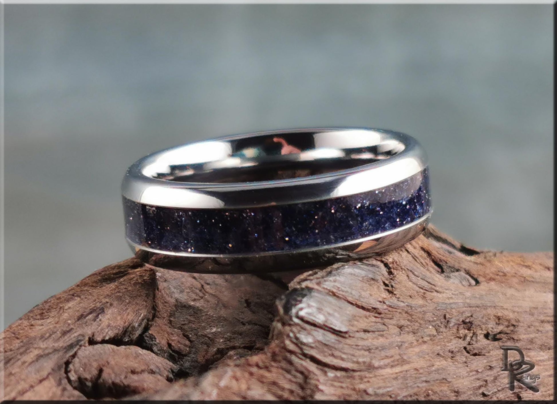 Domed Edge Tungsten Carbide Ring w/Blue Goldstone inlay - metal ring