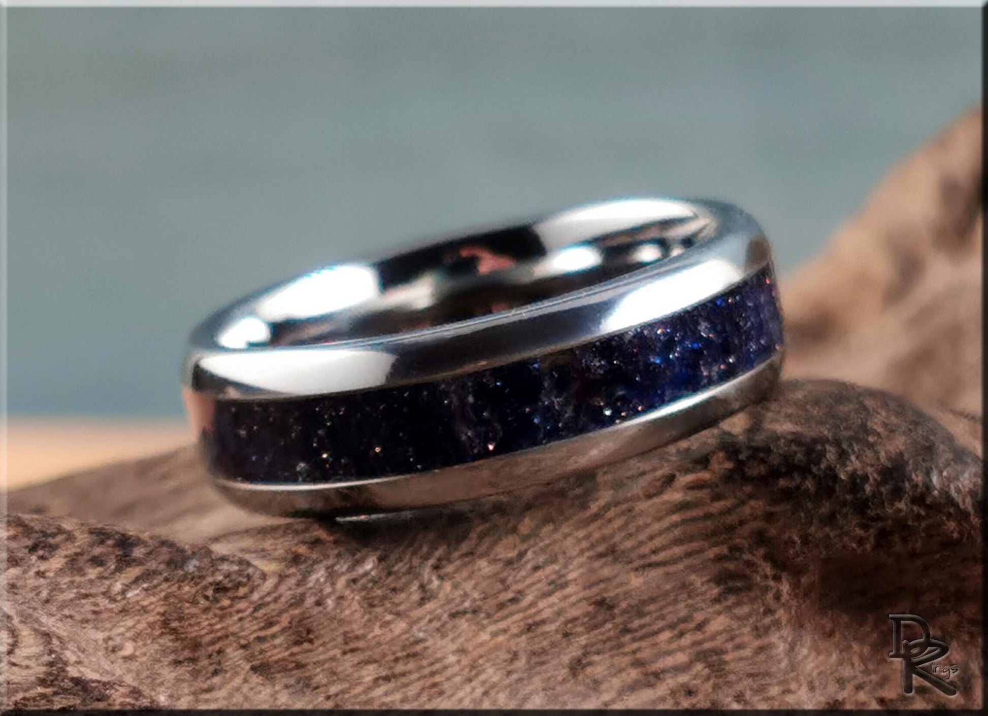 Domed Edge Tungsten Carbide Ring w/Blue Goldstone inlay - metal ring