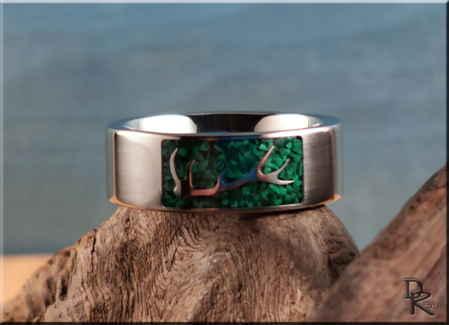 The 'Wapiti' Titanium Elk Antler Ring w/Malachite inlay - metal ring