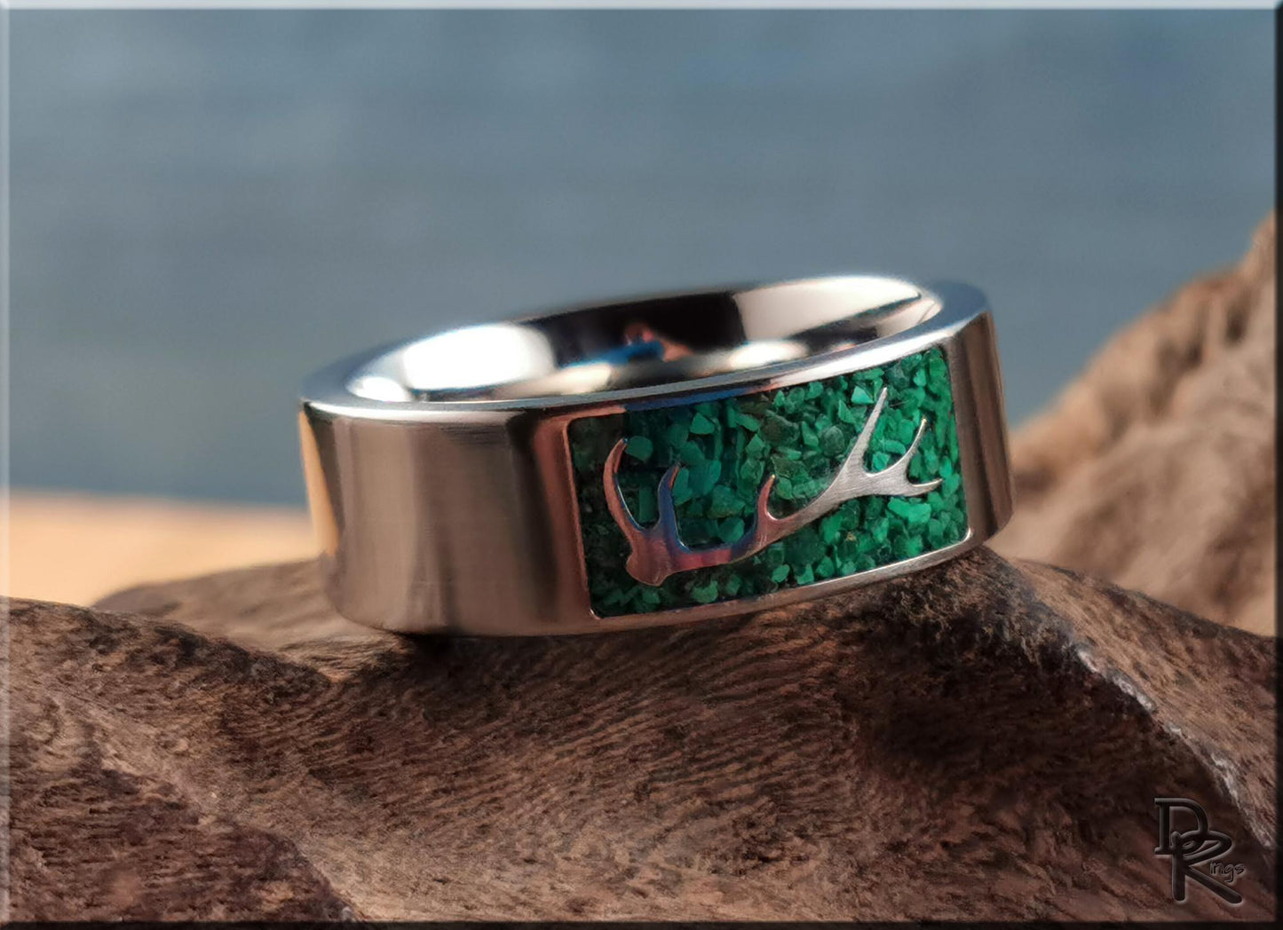 The 'Wapiti' Titanium Elk Antler Ring w/Malachite inlay - metal ring