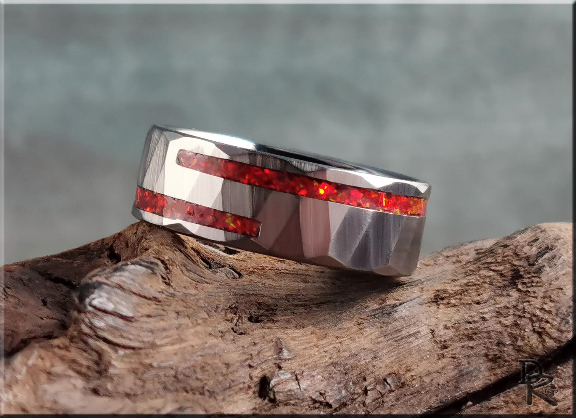 Hammered Tungsten Carbide Channel Ring w/Offset Split Opal inlays - metal ring