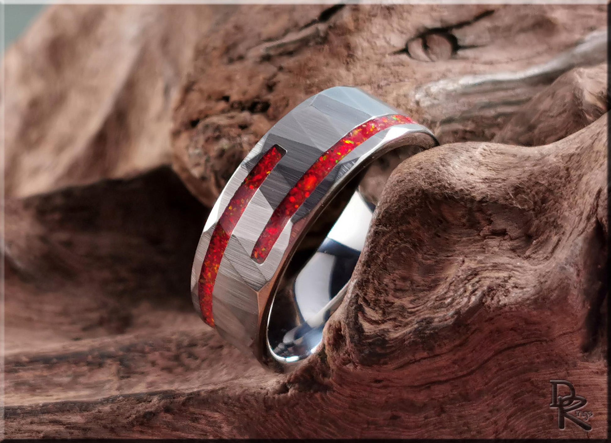 Hammered Tungsten Carbide Channel Ring w/Offset Split Opal inlays - metal ring