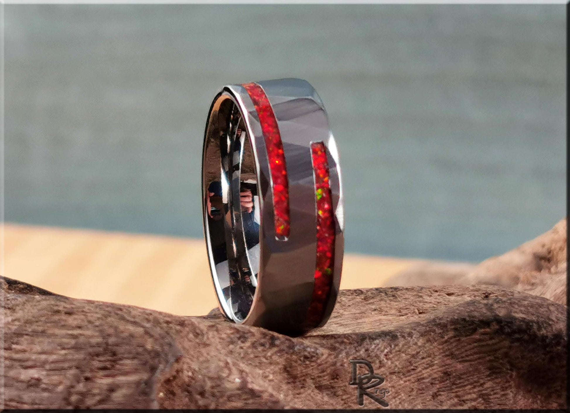 Hammered Tungsten Carbide Channel Ring w/Offset Split Opal inlays - metal ring