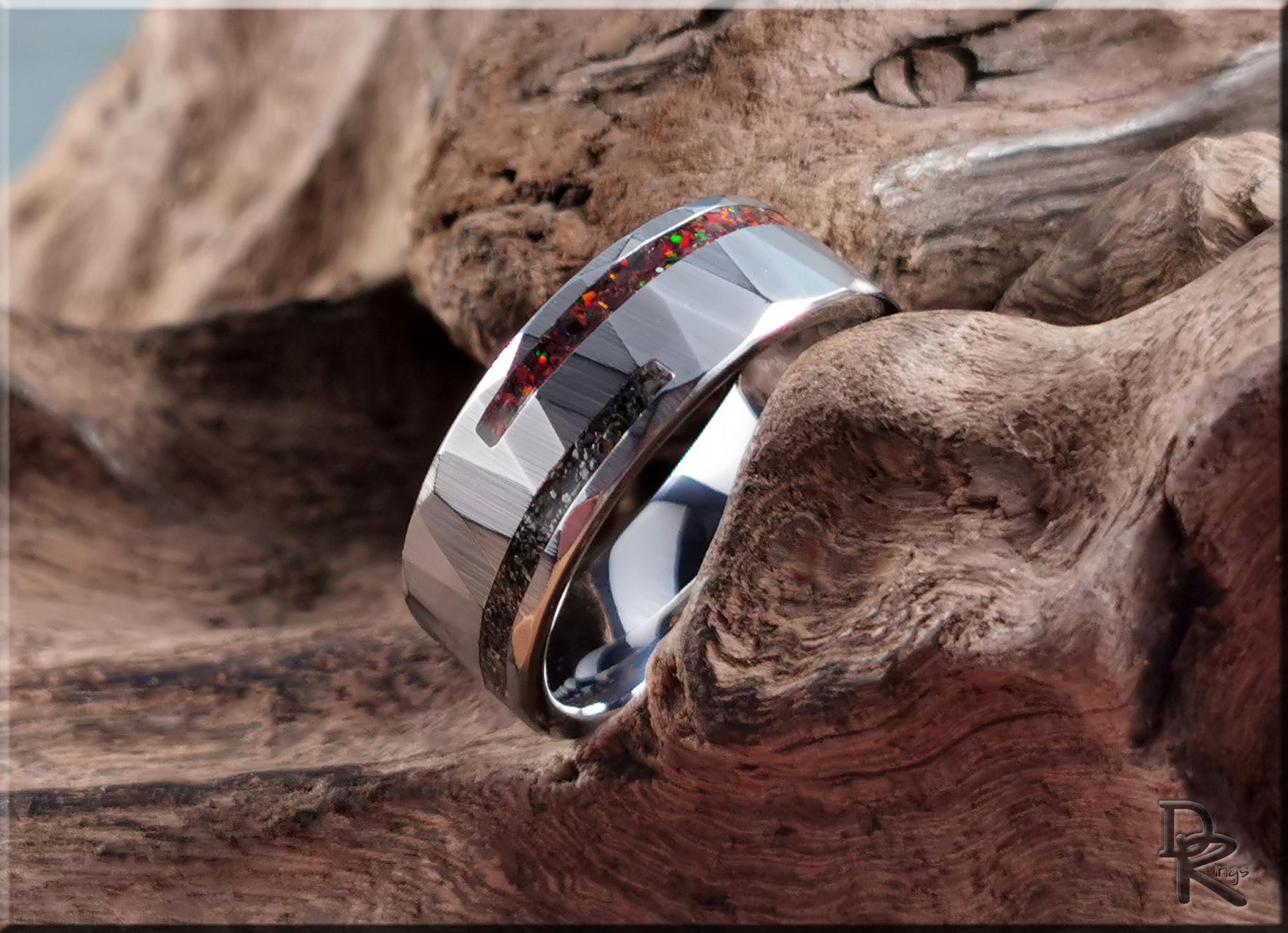 Hammered Tungsten Carbide Channel Ring w/Offset Split Exotic Sand and Opal inlays - metal ring