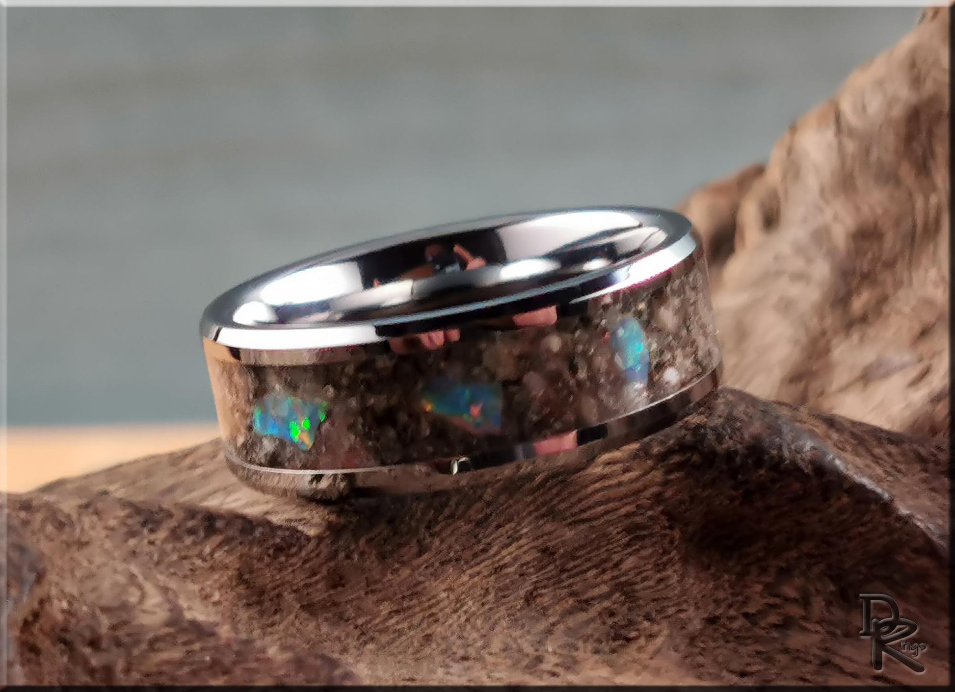 Tungsten Carbide Channel Ring w/Fulgerite and Opal inlay - metal ring