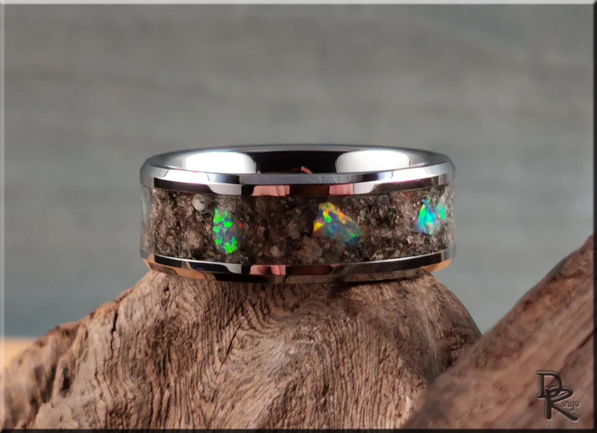Tungsten Carbide Channel Ring w/Fulgerite and Opal inlay - metal ring