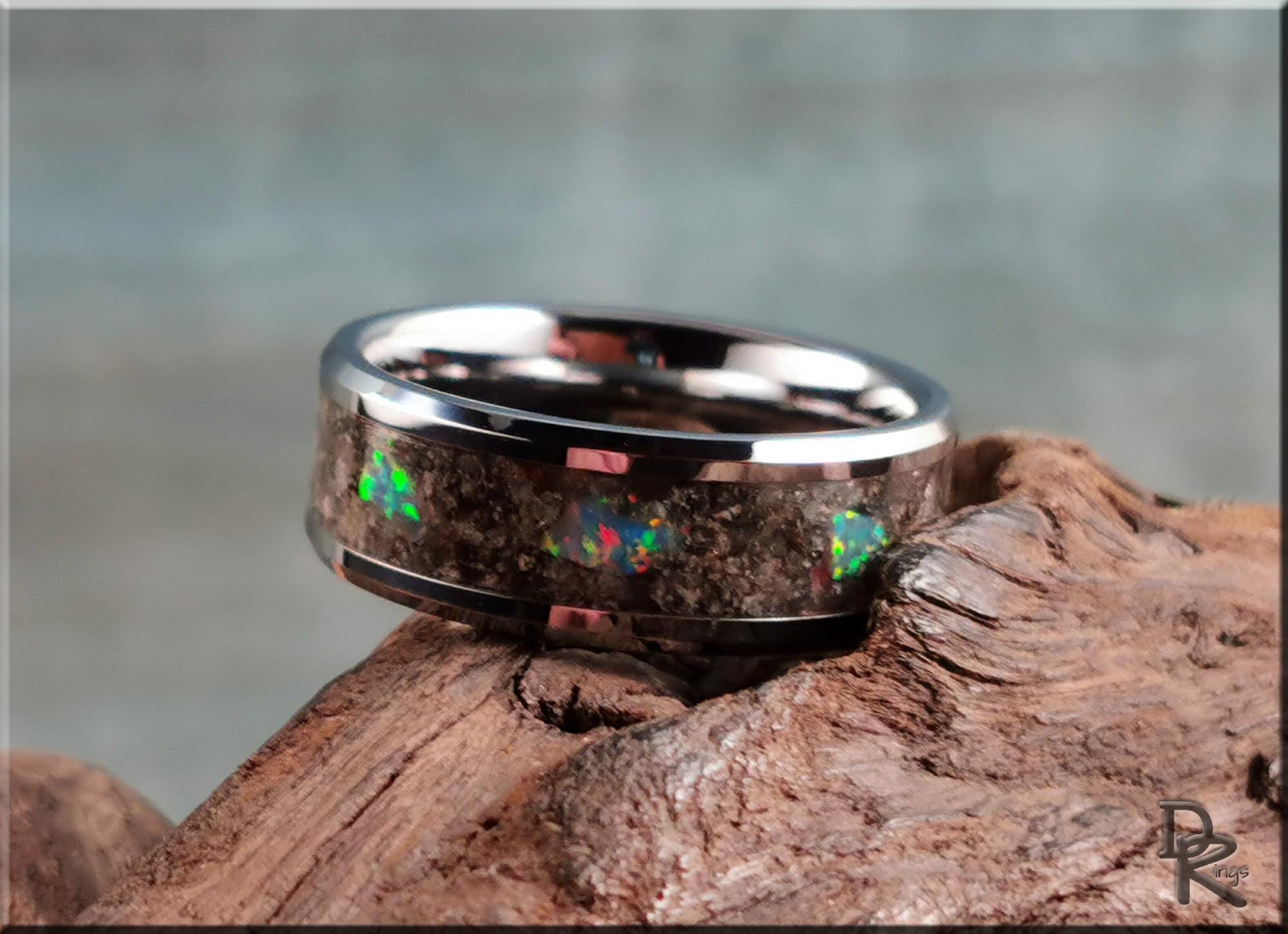 Tungsten Carbide Channel Ring w/Fulgerite and Opal inlay - metal ring