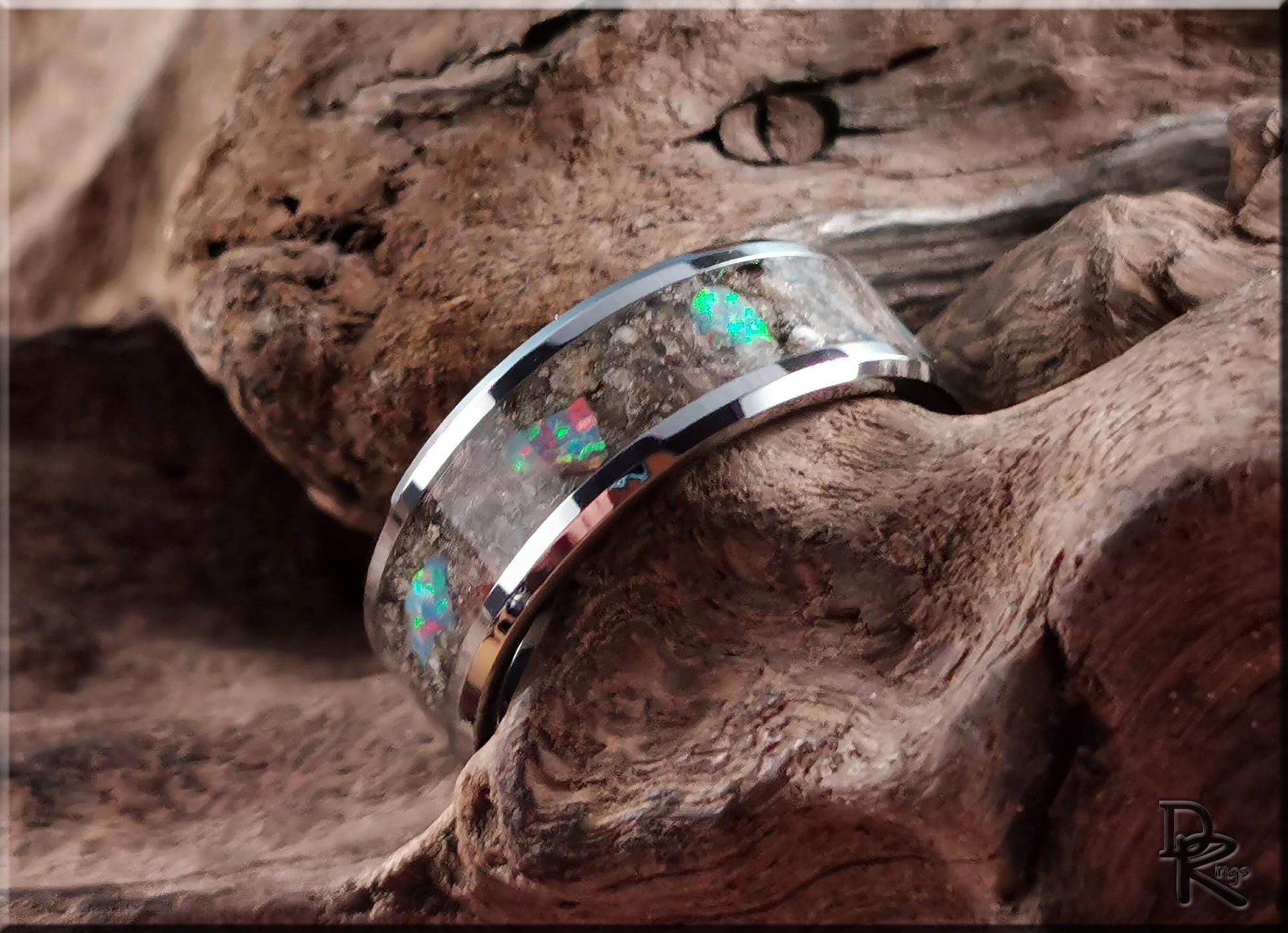 Tungsten Carbide Channel Ring w/Fulgerite and Opal inlay - metal ring