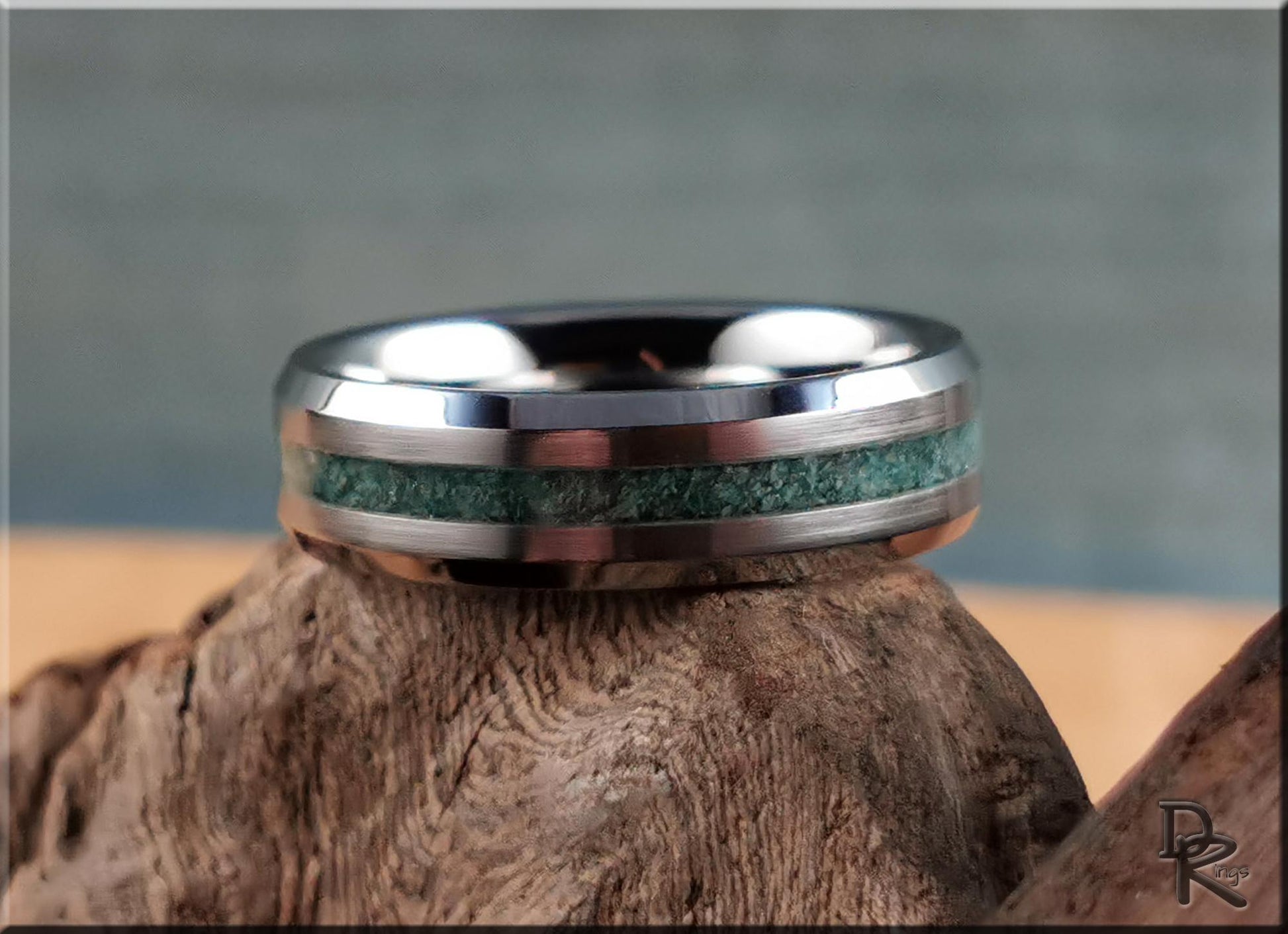 Thin Line Tungsten Carbide Channel Ring w/Amazonite stone inlay - metal ring