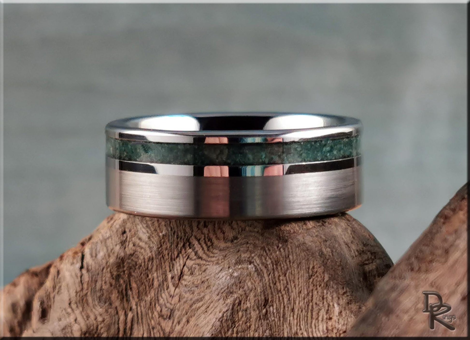 Tungsten Carbide Channel Ring w/offset Amazonite Stone inlay - metal ring