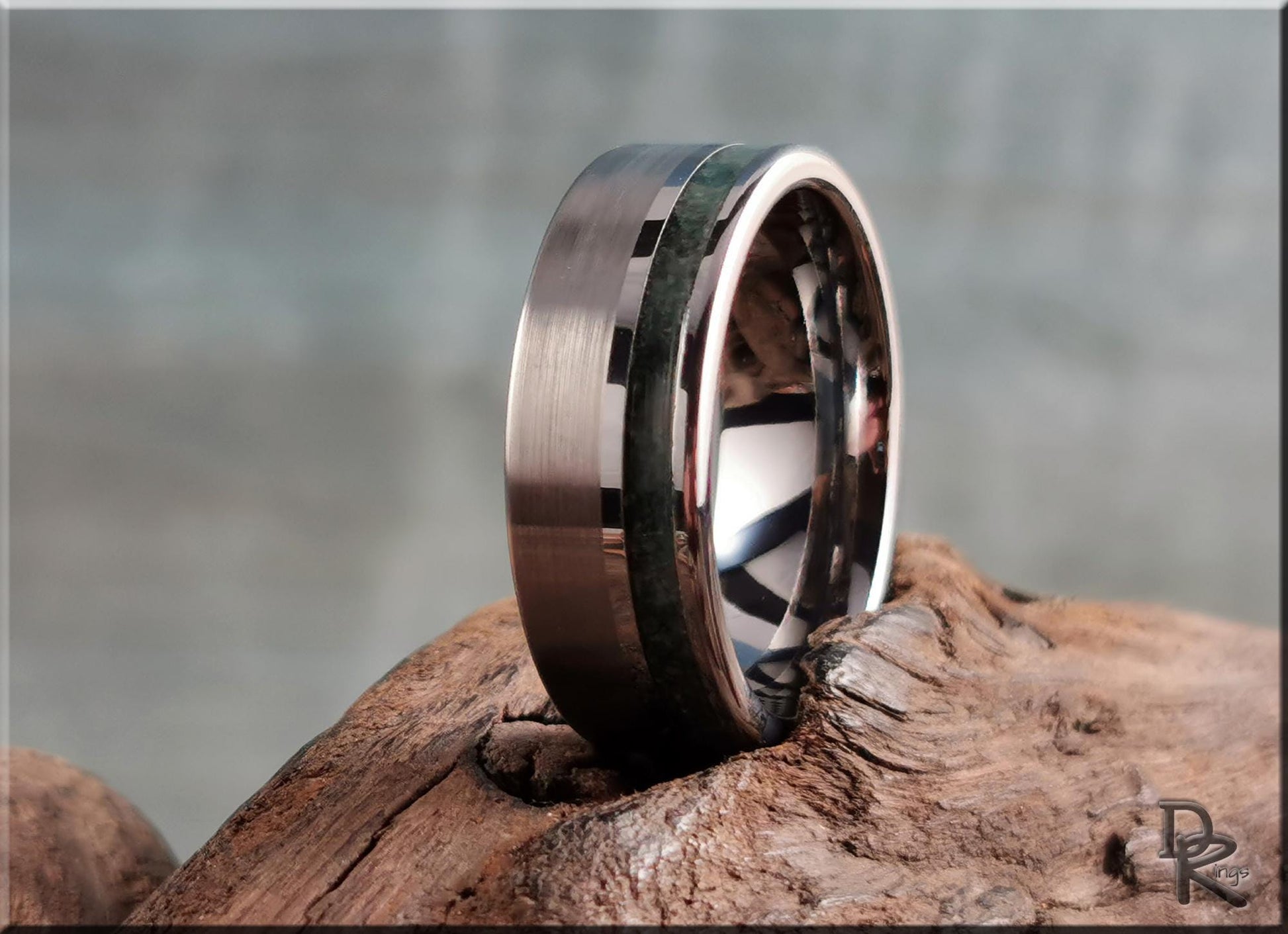 Tungsten Carbide Channel Ring w/offset Amazonite Stone inlay - metal ring