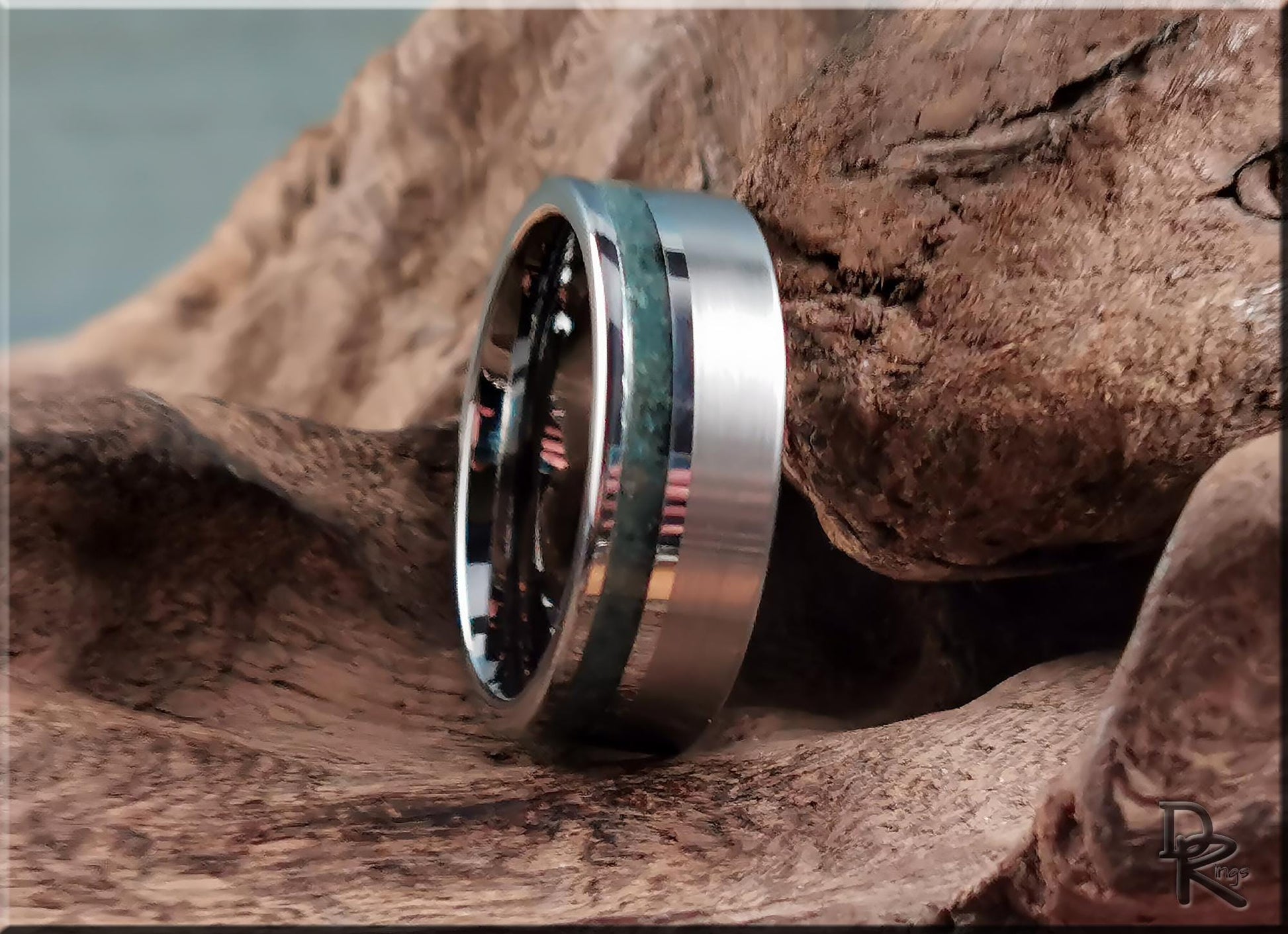 Tungsten Carbide Channel Ring w/offset Amazonite Stone inlay - metal ring