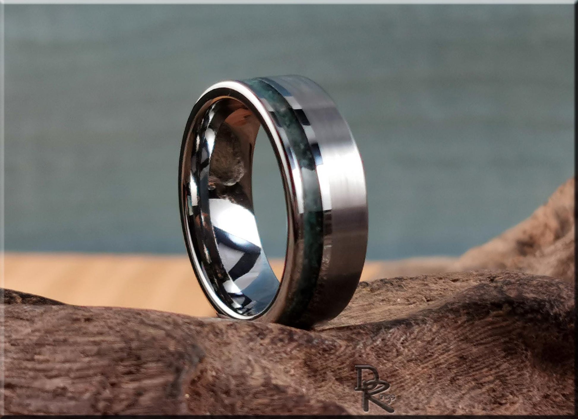 Tungsten Carbide Channel Ring w/offset Amazonite Stone inlay - metal ring