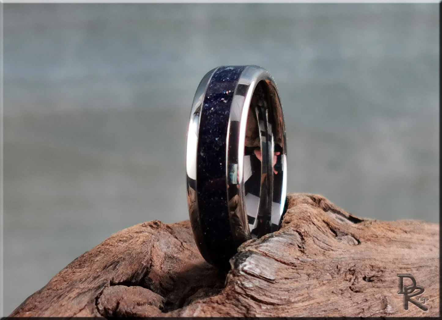 Domed Edge Tungsten Carbide Ring w/Blue Goldstone inlay - metal ring