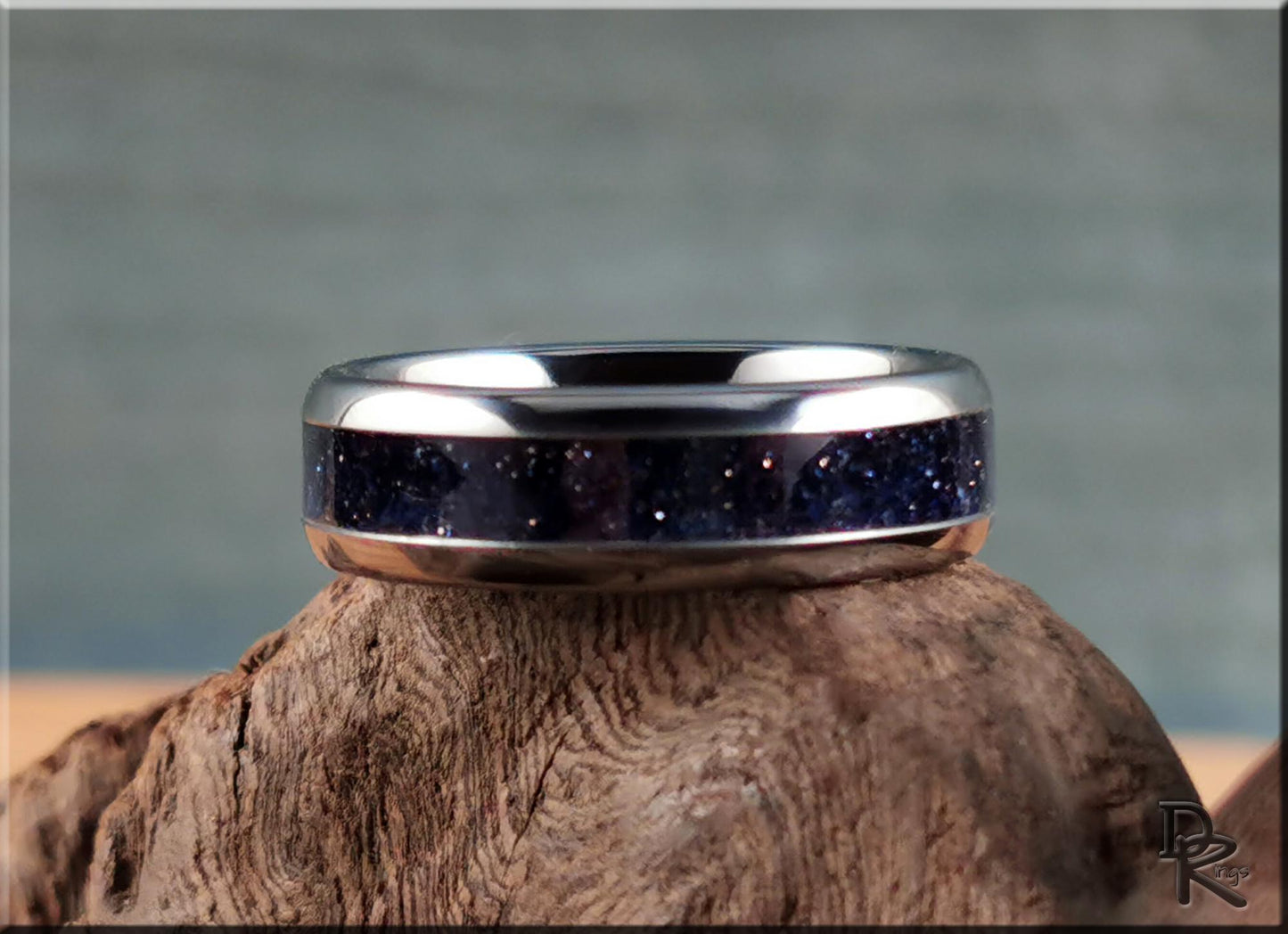 Domed Edge Tungsten Carbide Ring w/Blue Goldstone inlay - metal ring