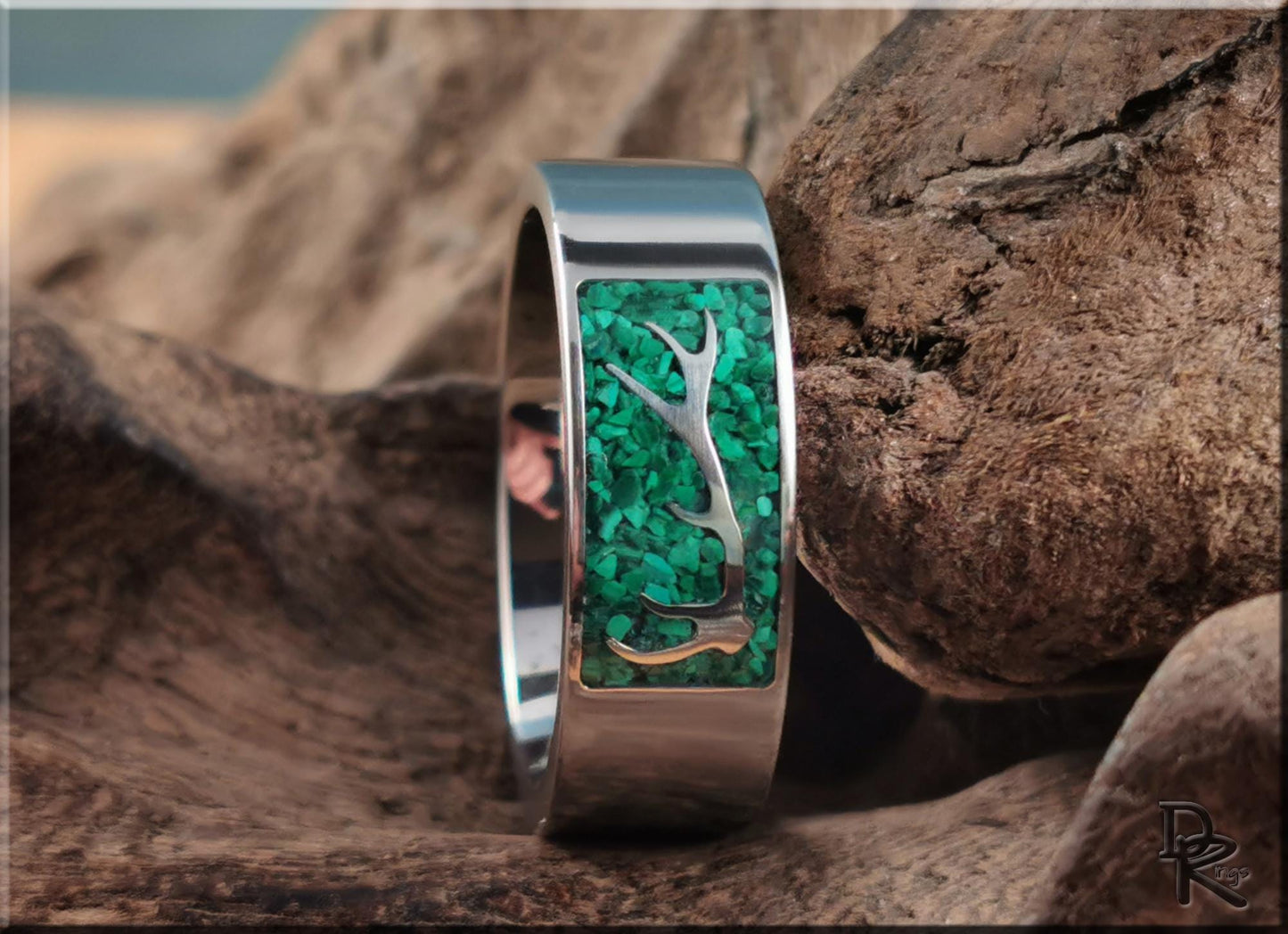 The 'Wapiti' Titanium Elk Antler Ring w/Malachite inlay - metal ring