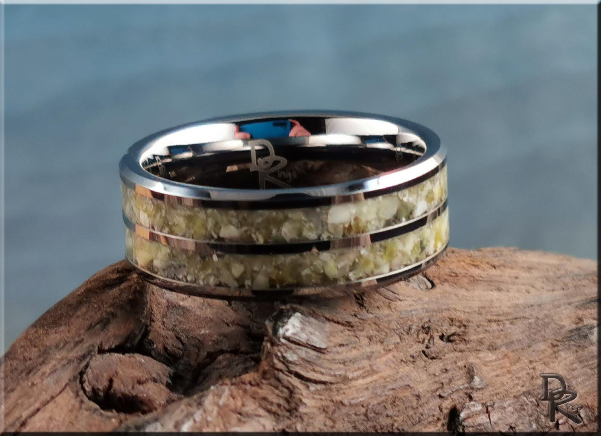 Tungsten Carbide 8mm Dual-Channel Ring with Scottish Highlands Marble inlays - metal ring