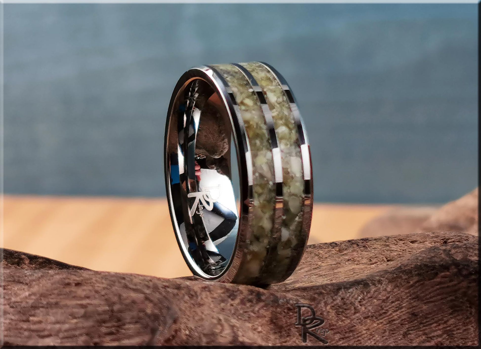 Tungsten Carbide 8mm Dual-Channel Ring with Scottish Highlands Marble inlays - metal ring