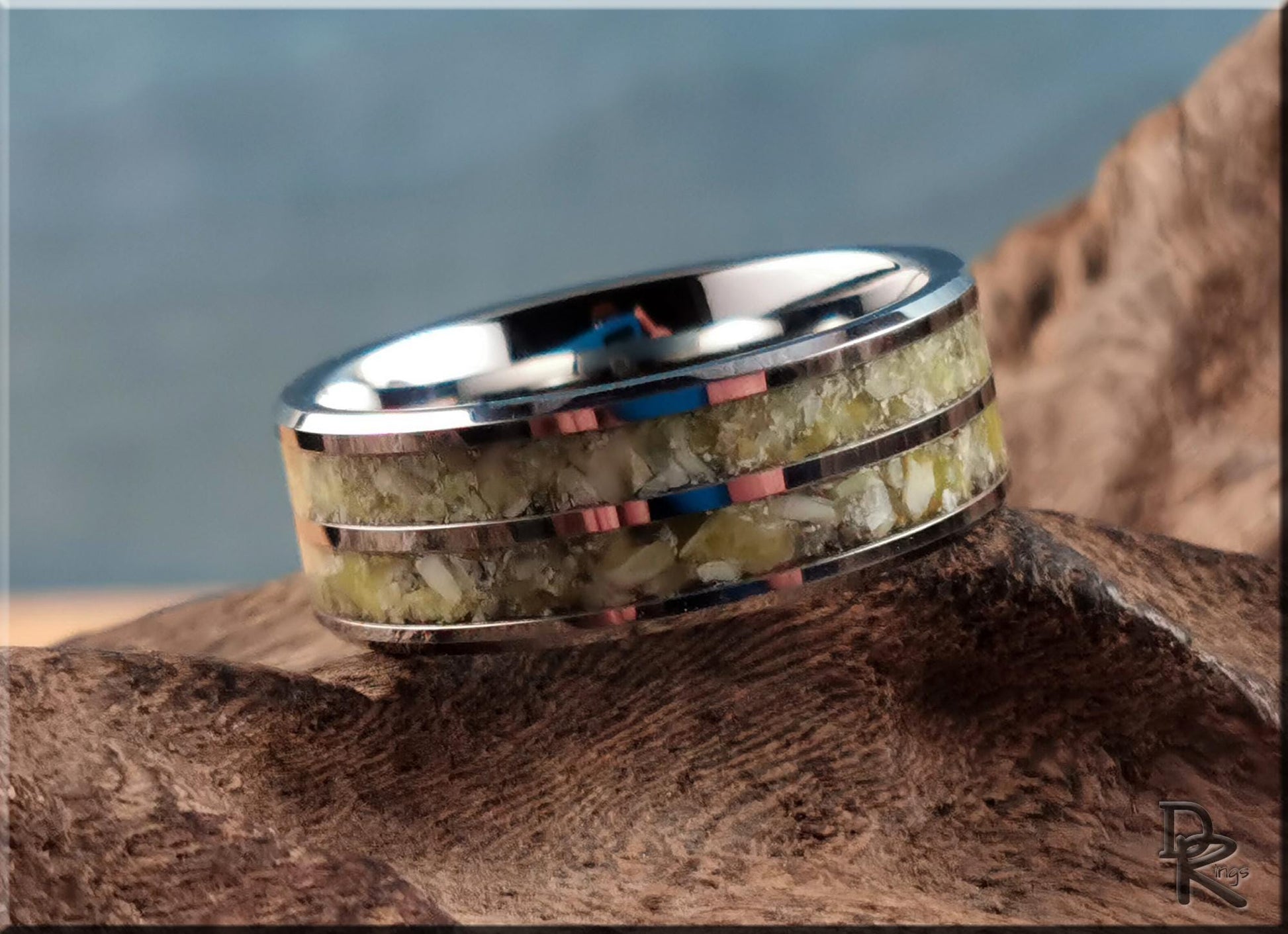 Tungsten Carbide 8mm Dual-Channel Ring with Scottish Highlands Marble inlays - metal ring