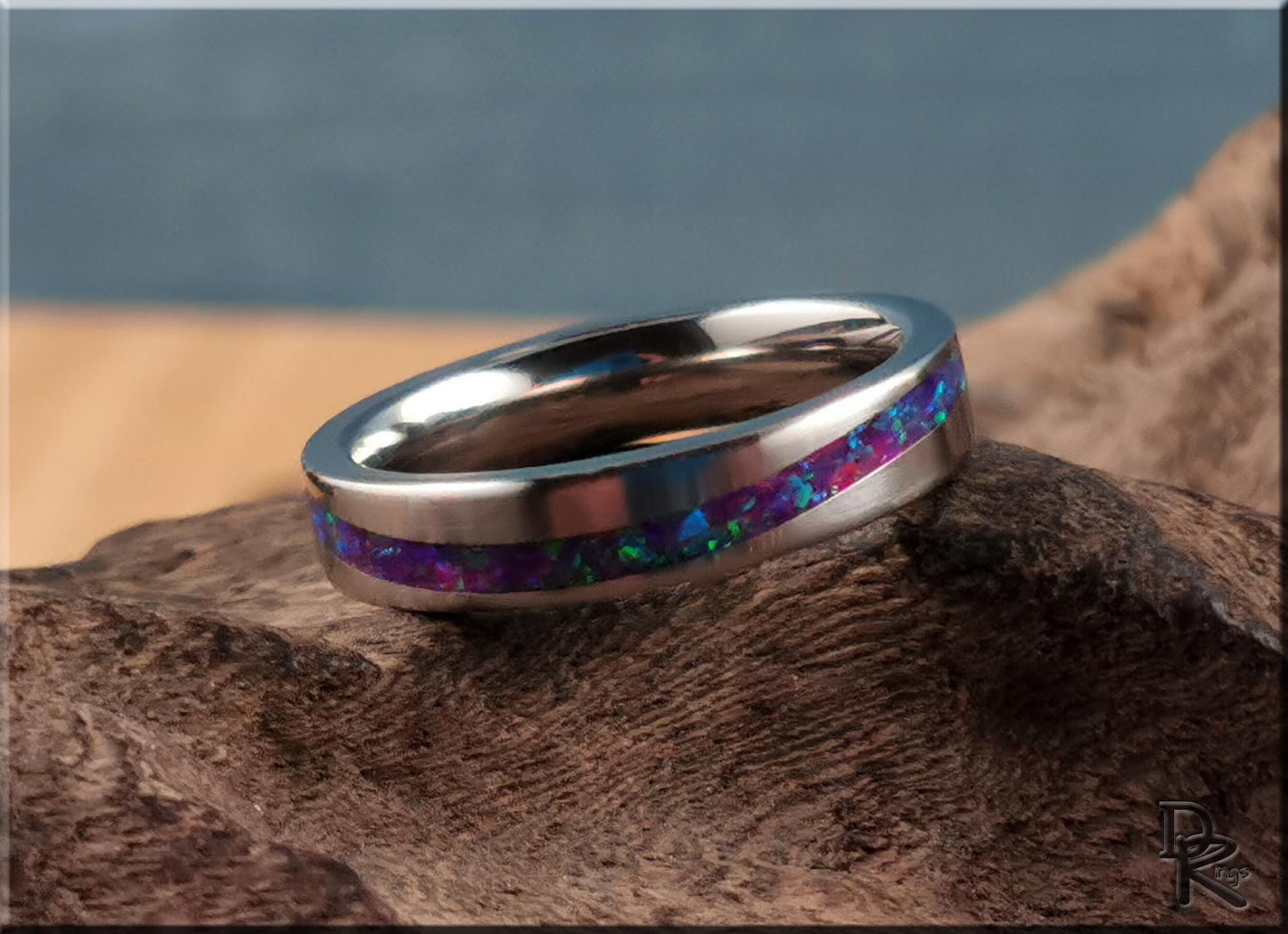 Titanium Wave 4mm Channel Ring w/Amethyst Opal inlay - metal ring