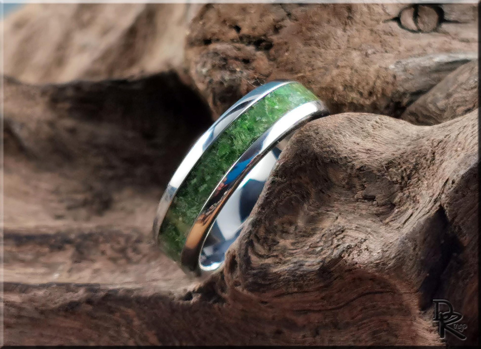 Domed Edge Tungsten Carbide Ring w/Chrome Diopside stone inlay - metal ring