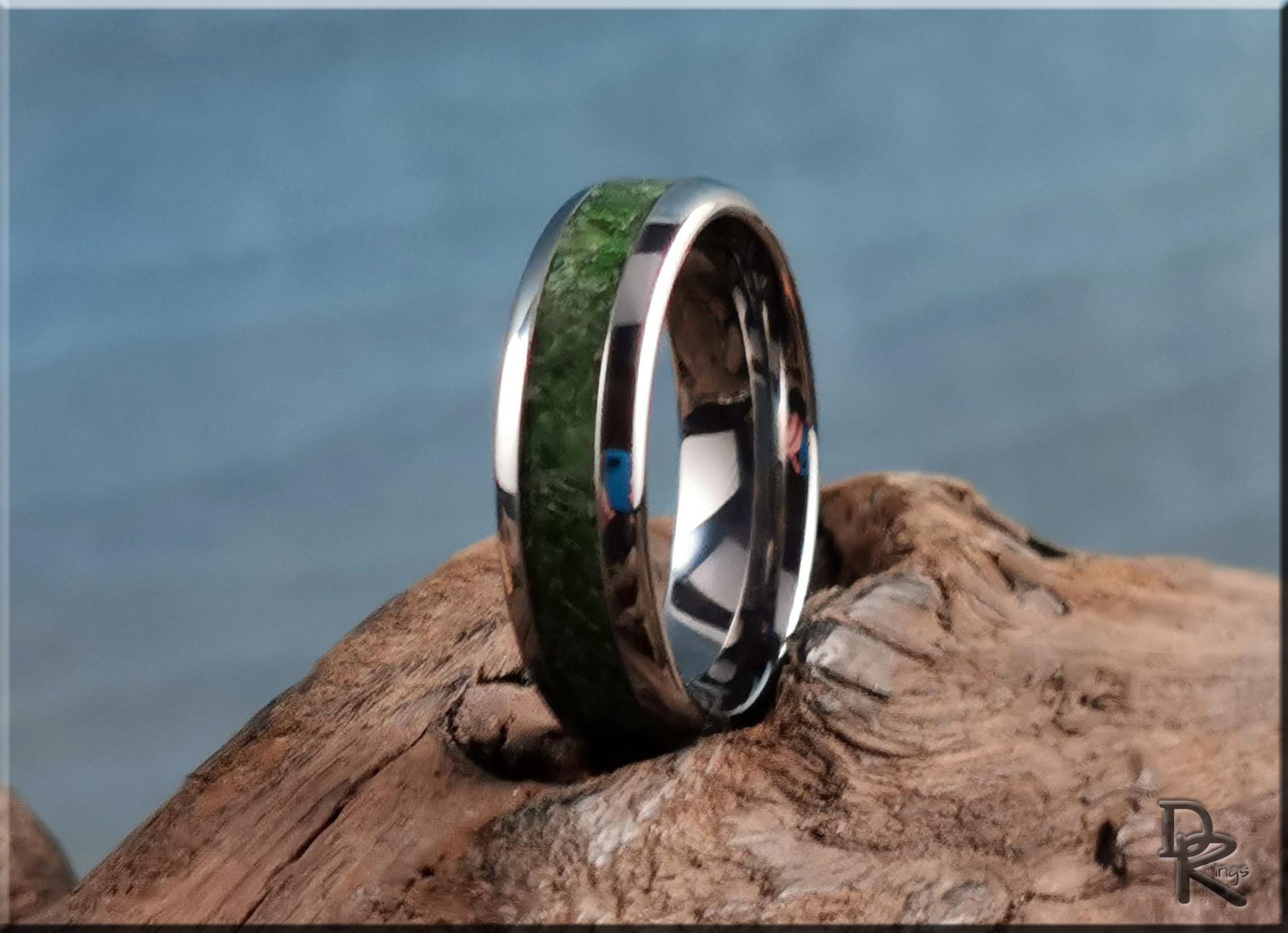 Domed Edge Tungsten Carbide Ring w/Chrome Diopside stone inlay - metal ring