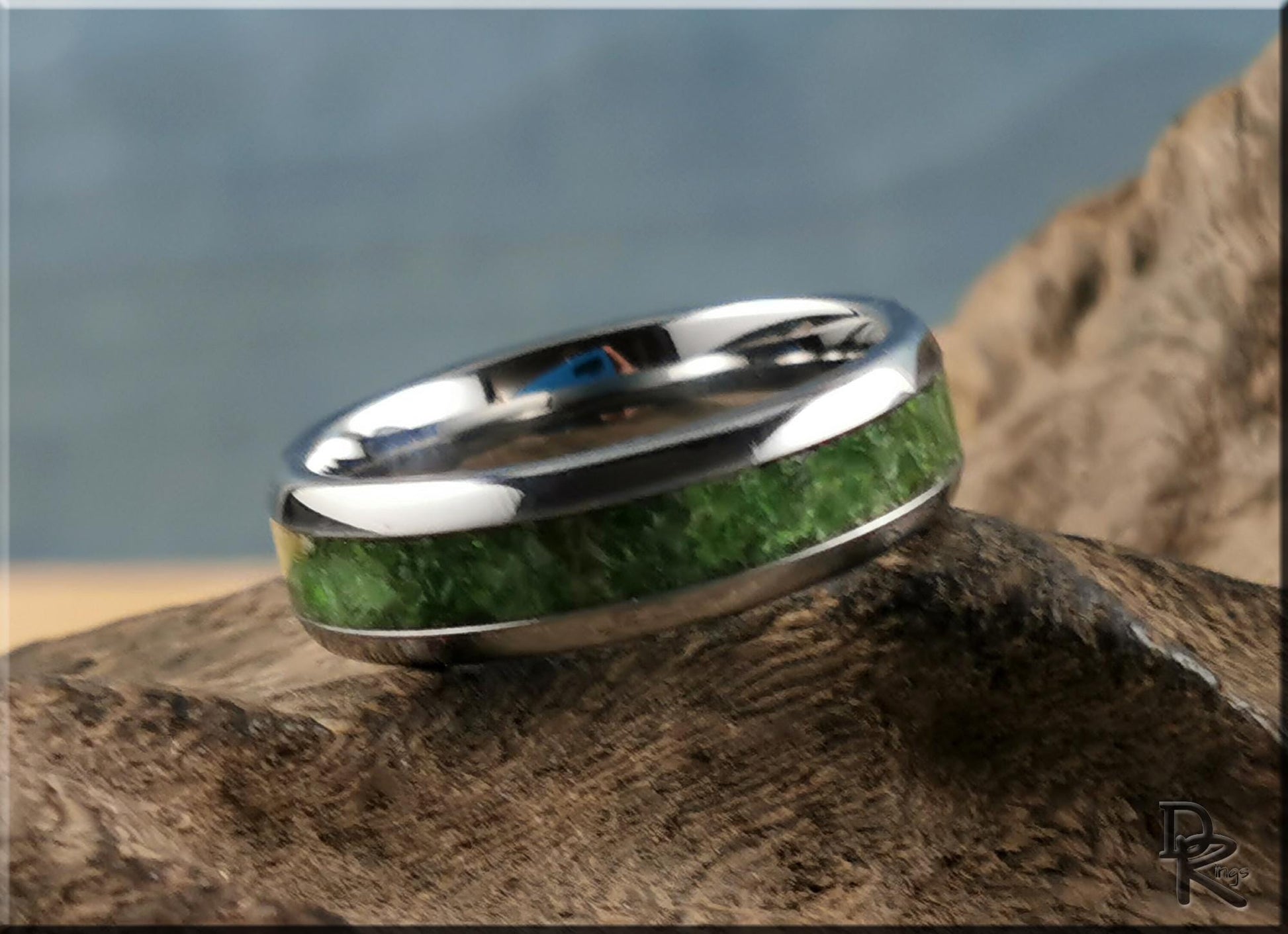 Domed Edge Tungsten Carbide Ring w/Chrome Diopside stone inlay - metal ring