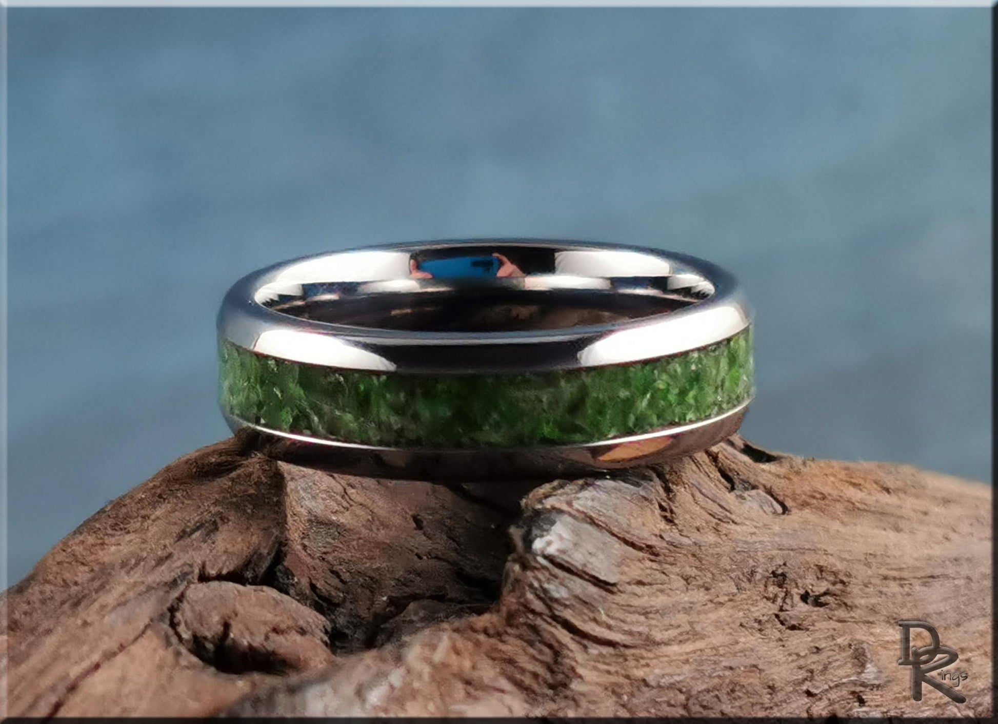 Domed Edge Tungsten Carbide Ring w/Chrome Diopside stone inlay - metal ring